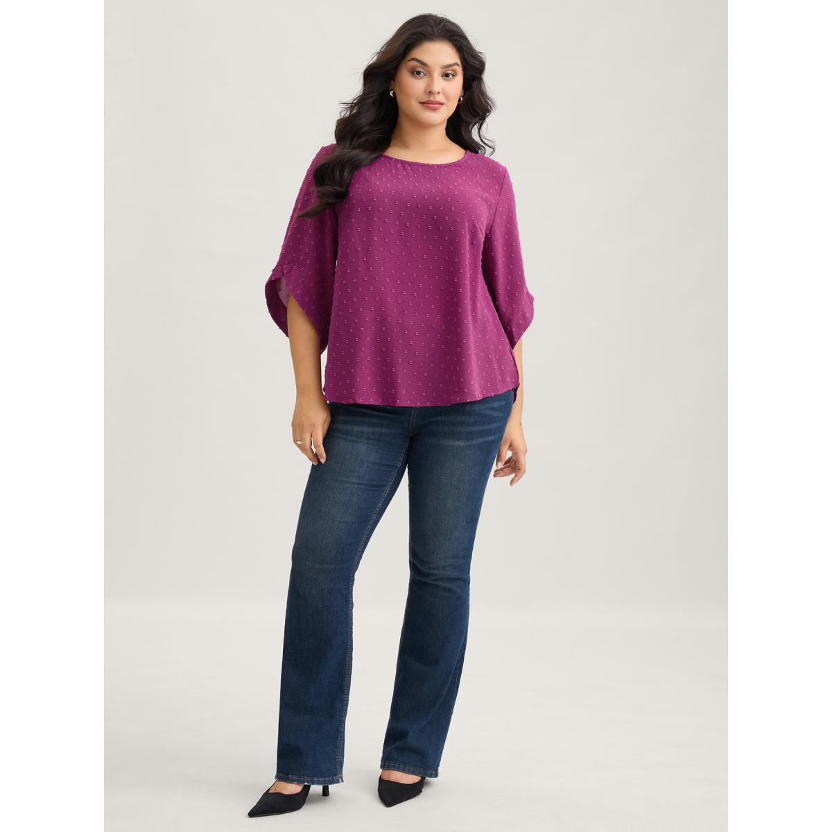 Plus Size RedViolet Textured Round Neck Bell Sleeve Blouse Women Elegant Elbow-length sleeve Round Neck Everyday Blouses BloomChic 26/4X Product Image
