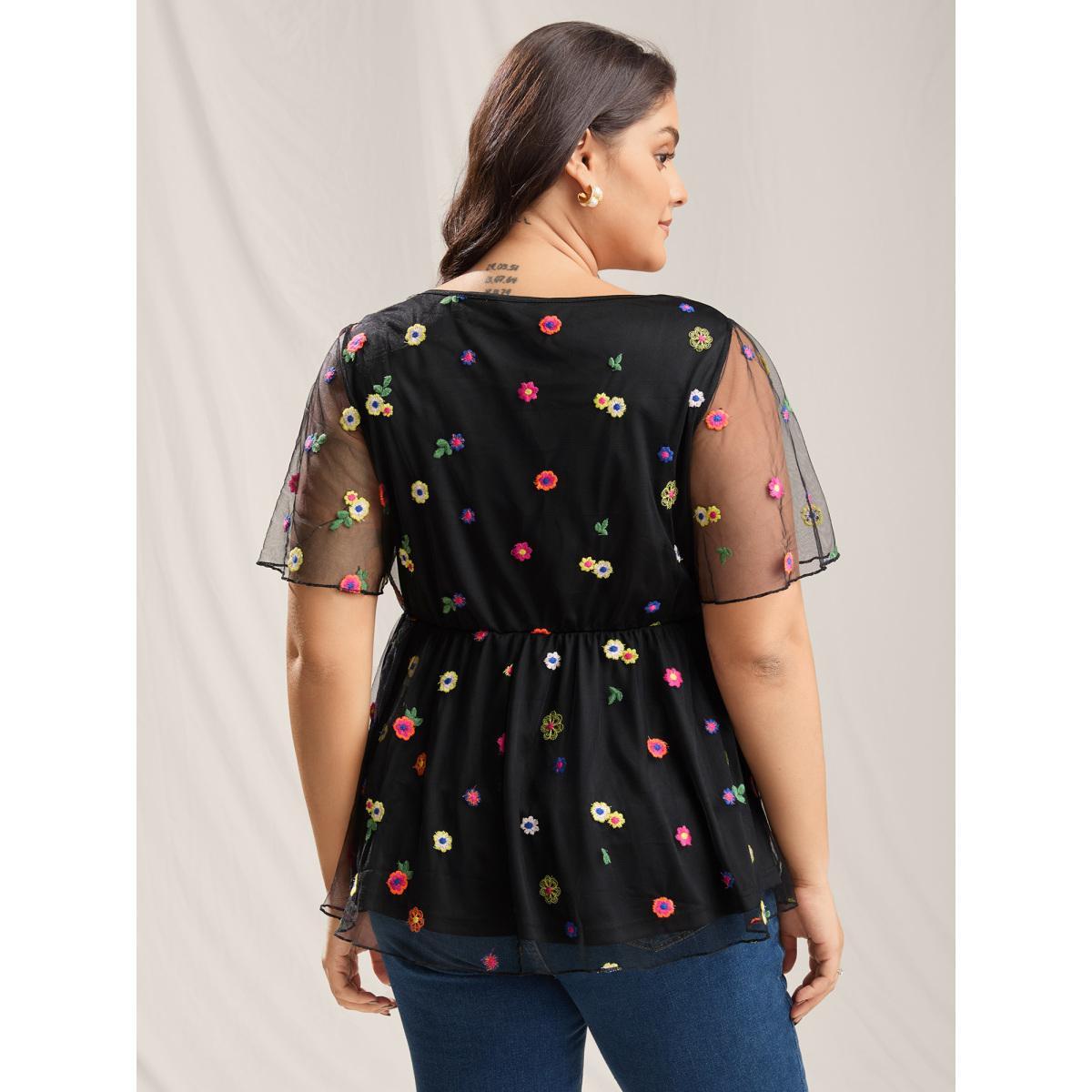 Plus Size Black Floral Mesh Embroidery Babydoll Blouse Women Short sleeve Round Neck Everyday-Elegant Blouses BloomChic 12/L Product Image