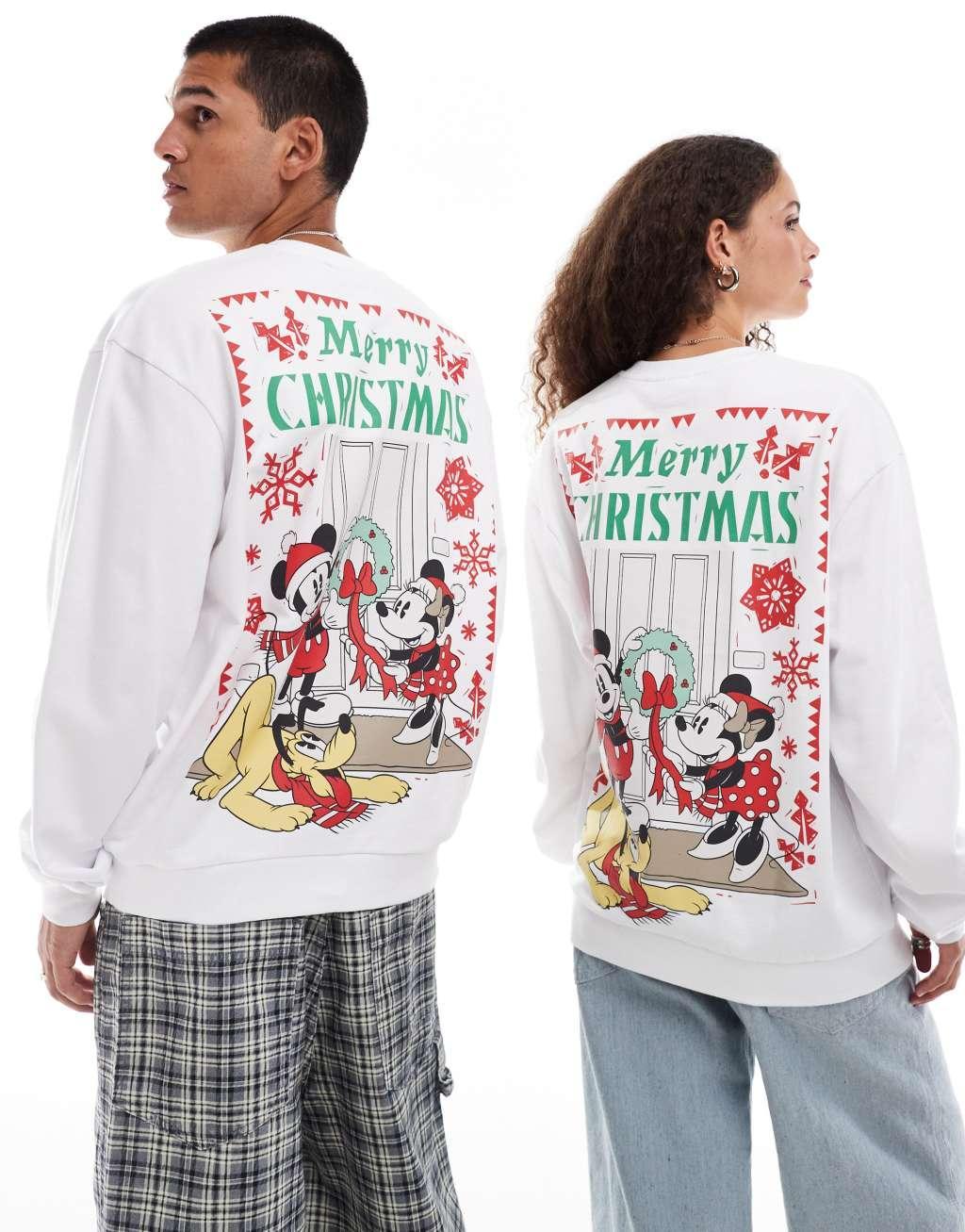 ASOS DESIGN Disney Christmas oversized sweatshirt with Mickey Mouse & Minnie Mouse prints in white Product Image