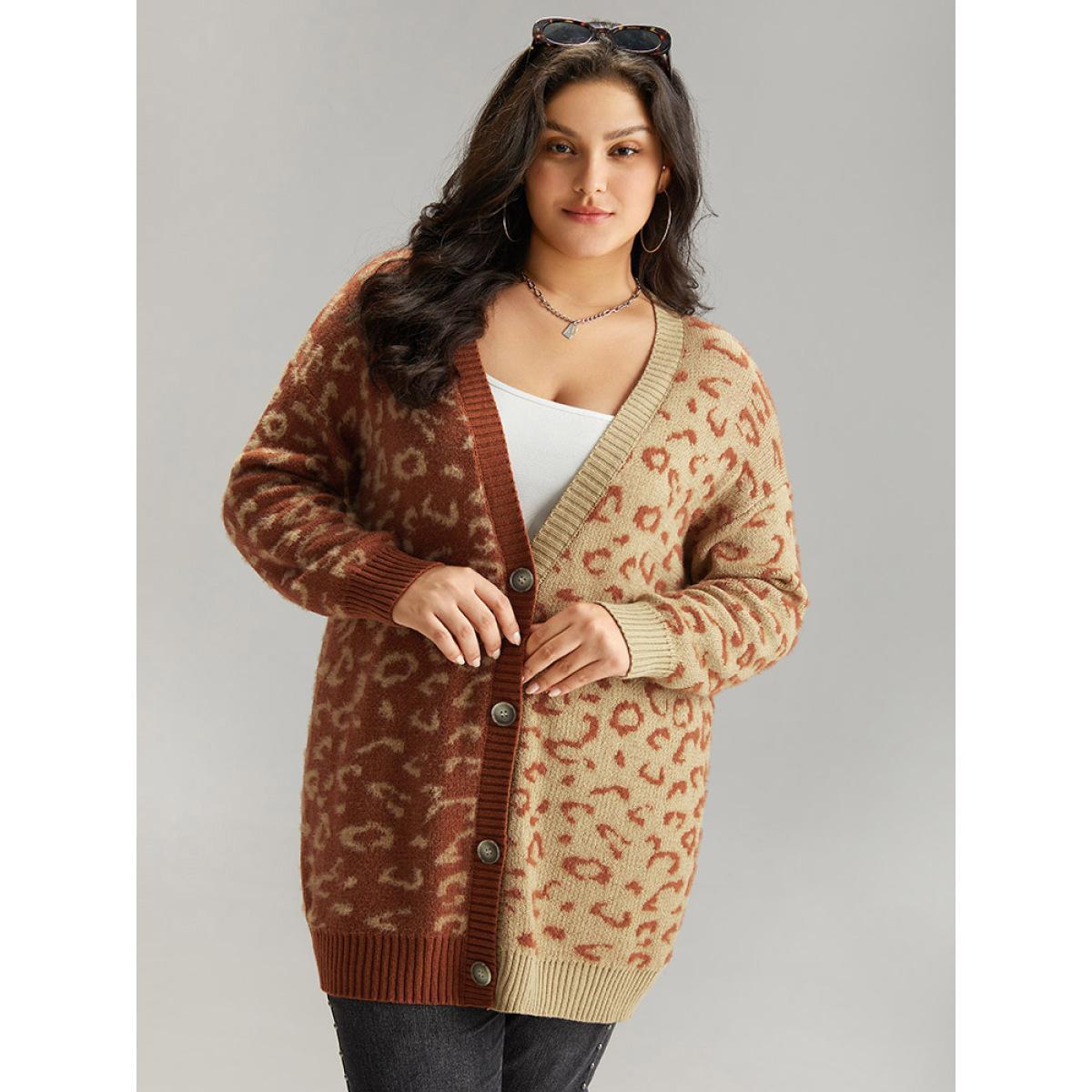 Plus Size Leopard Print Contrast Button Through Cardigan Leopard Women Casual Loose Long Sleeve Dailywear Cardigans BloomChic 30/6X Product Image
