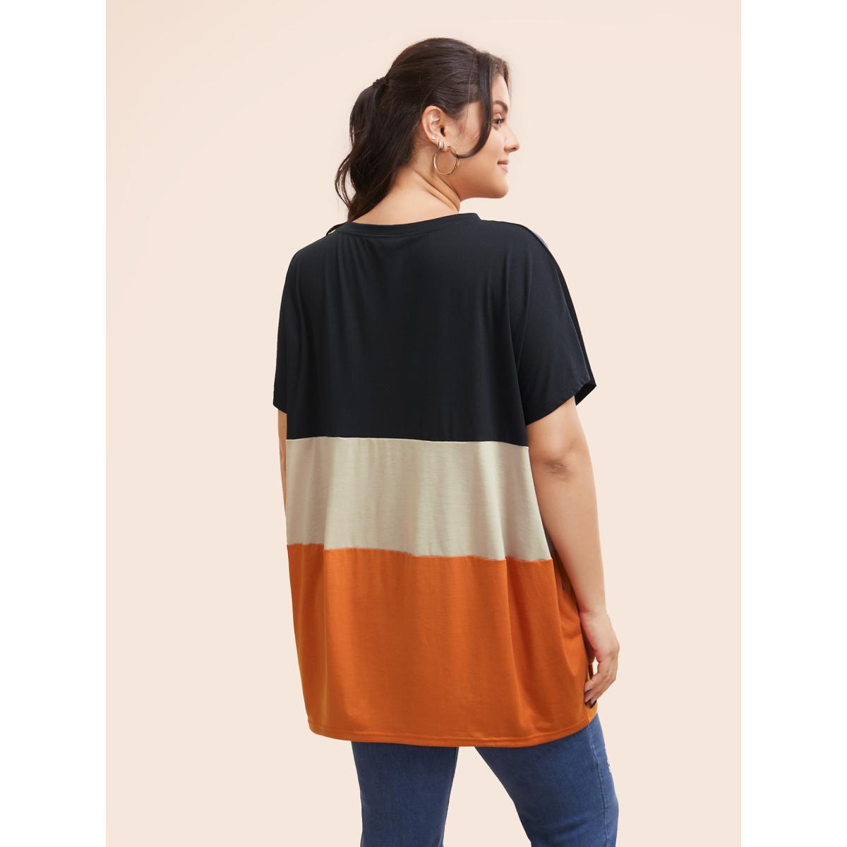 Plus Size Halloween Colorblock Contrast Pocket Crew Neck T-shirt Multicolor Women Casual Contrast Plain Round Neck Festival-Halloween T-shirts BloomChic 26/4X Product Image