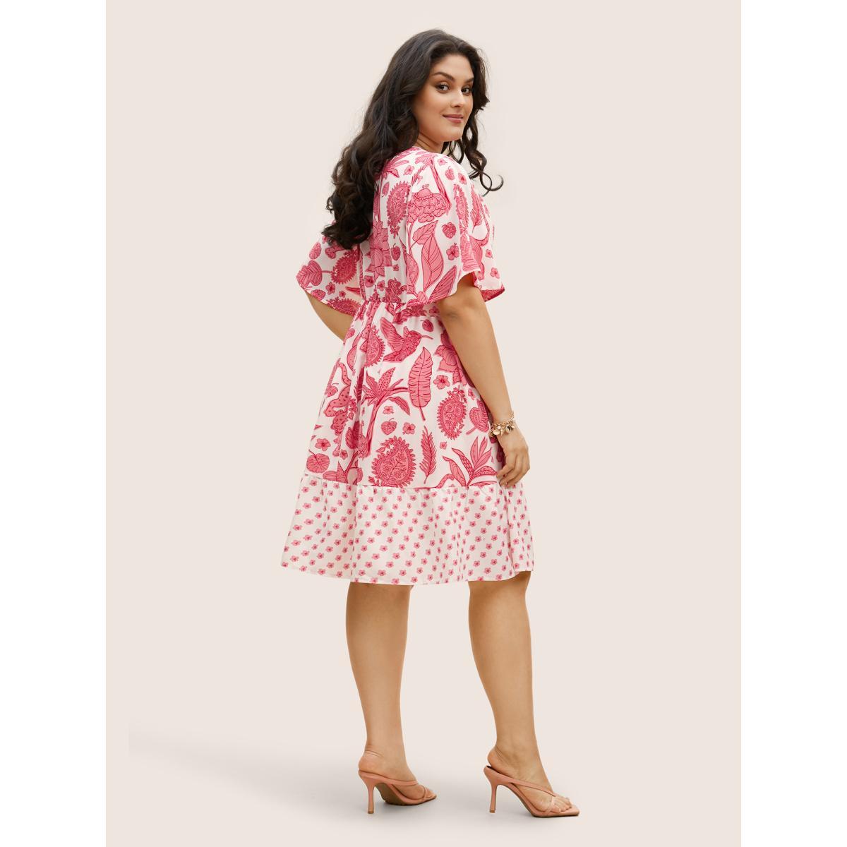 Plus Size Overlap Collar Boho Print Patchwork Dress Salmon Women Resort Patchwork Overlap Collar Half Sleeve Curvy BloomChic 18-20/2X Product Image