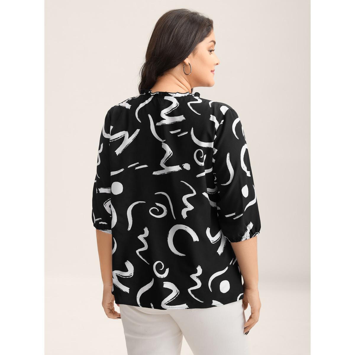 Plus Size Black Scribble Print Ruffled Split Neck Blouse Women Elbow-length sleeve Notched collar Work Blouses BloomChic 18-20/2X Product Image