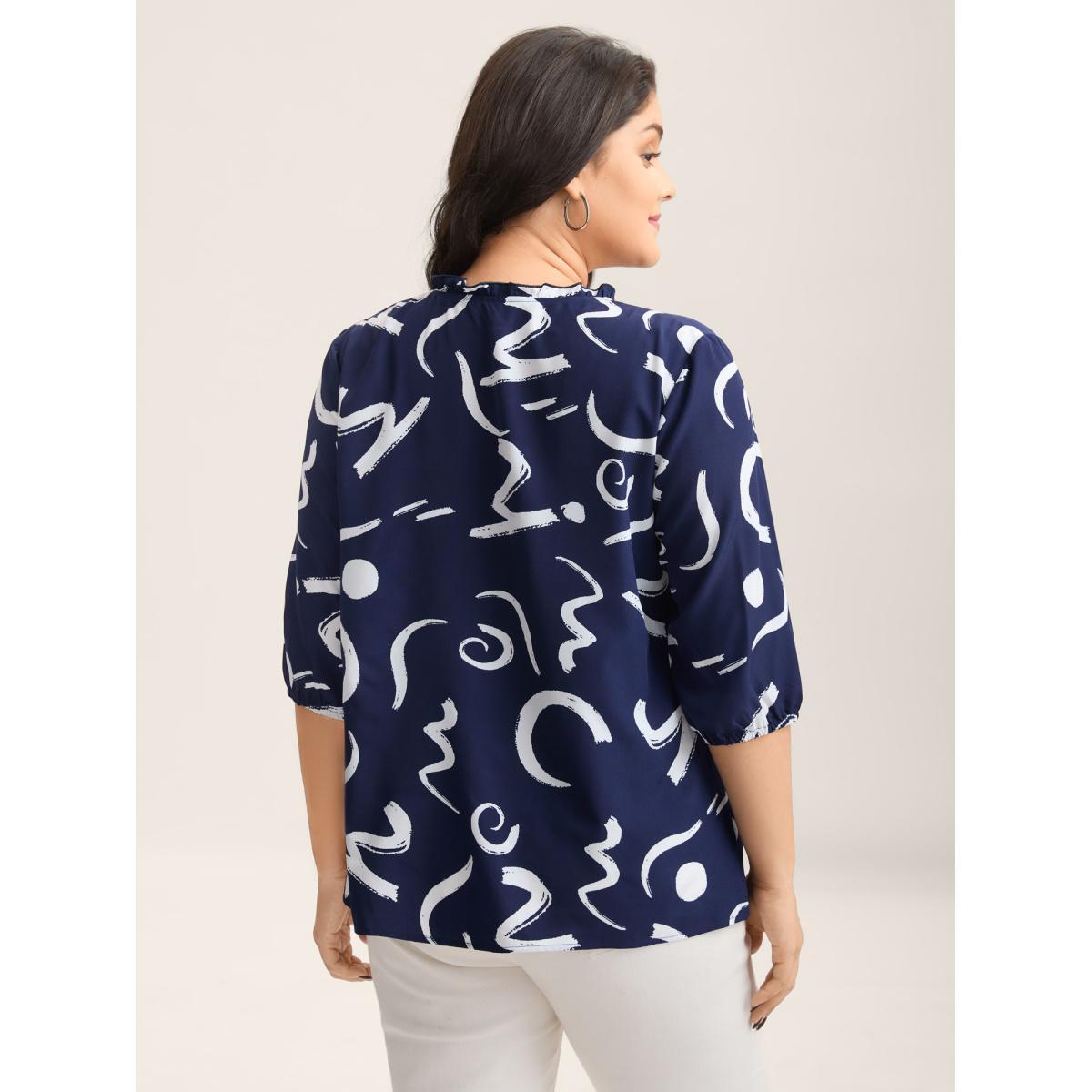 Plus Size Indigo Scribble Print Ruffled Split Neck Blouse Women Elbow-length sleeve Notched collar Work Blouses BloomChic 30/6X Product Image