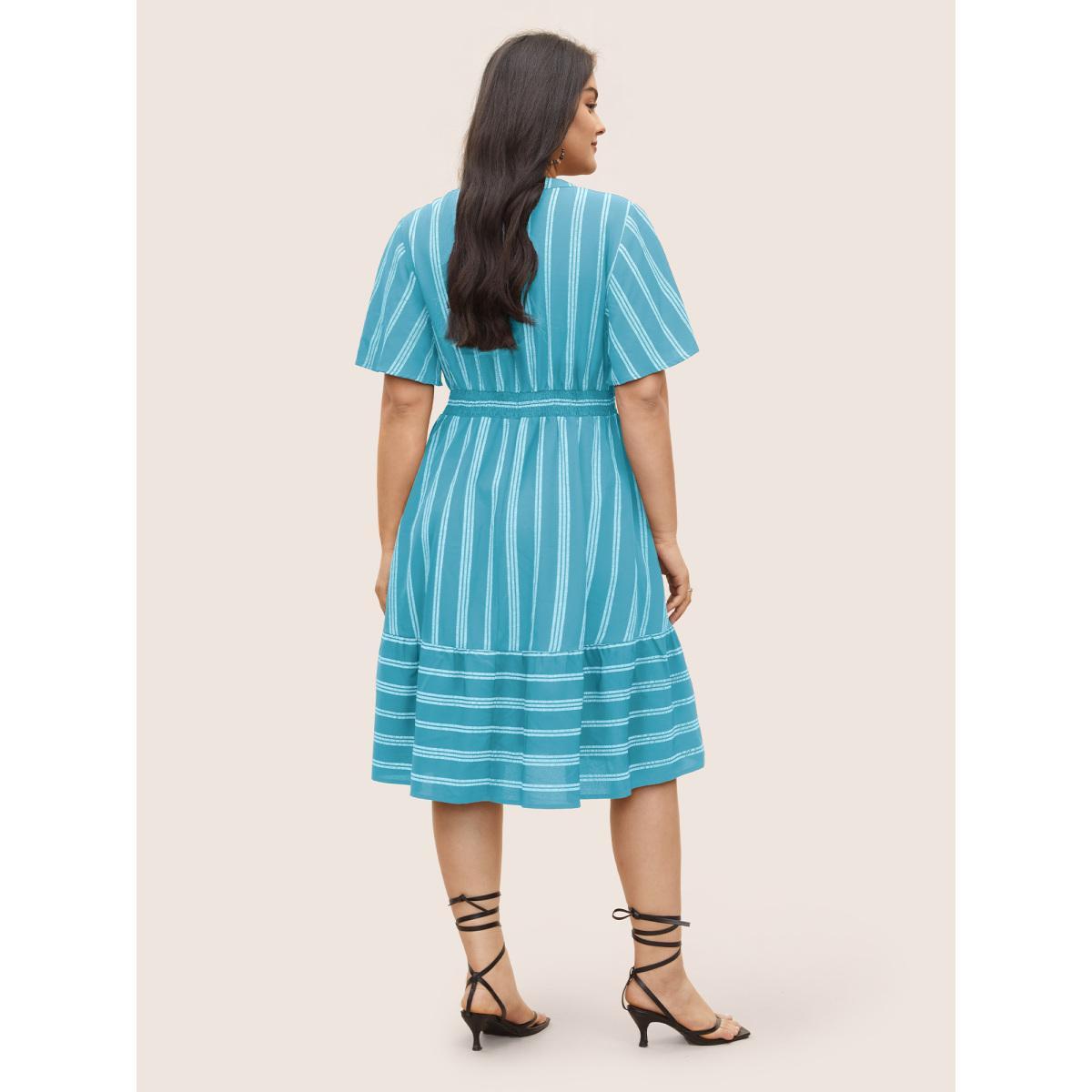 Plus Size Striped Patchwork Tassels Ties Shirred Dress LightBlue Women Resort Non V-neck Short sleeve Curvy Midi Dress BloomChic 14-16/1X Product Image