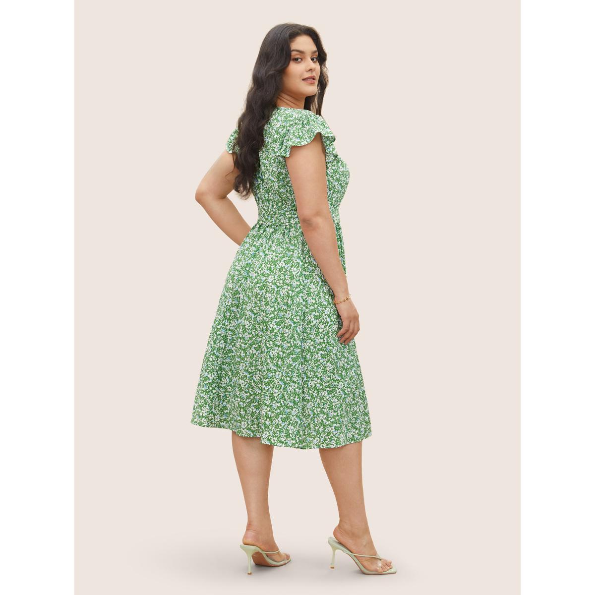 Plus Size Ditsy Floral Belted Flutter Cap Sleeve Dress Green Women Elegant Non Square Neck Cap Sleeve Curvy Midi Dress BloomChic 30/6X Product Image
