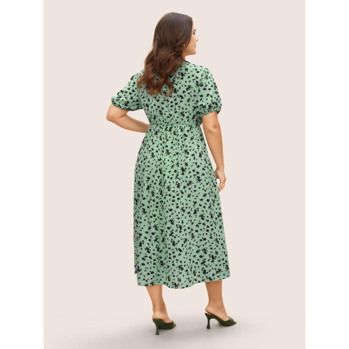 Plus Size Floral A-line Midi Dress Palemauve Women Elegant Tie knot Round Neck Short sleeve Curvy BloomChic 14-16/1X Product Image