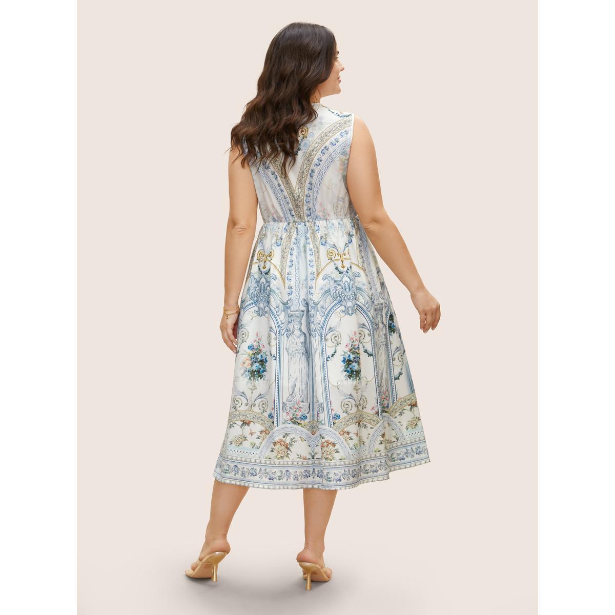 Plus Size V Neck Boho Print Sleeveless Midi Dress Originalwhite Women Elegant Gathered V-neck Sleeveless Curvy BloomChic 22-24/3X Product Image
