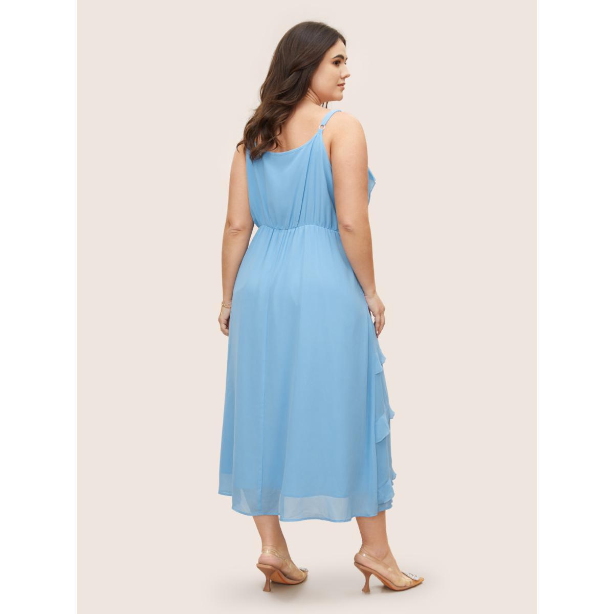 Plus Size V Neck Ruffle Trim Elastic Waist Cami Dress LightBlue Women Formal Ruffles Non Sleeveless Curvy BloomChic 30/6X Product Image
