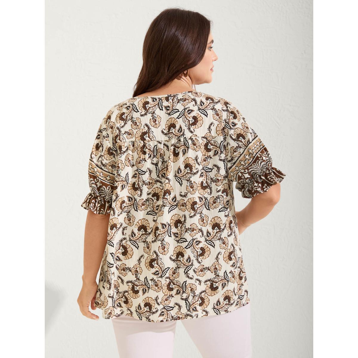 Plus Size DarkBrown Boho Floral Print Neck Tassels Blouse Women Short sleeve Flat collar with V-notch Vacation Blouses BloomChic 18-20/2X Product Image