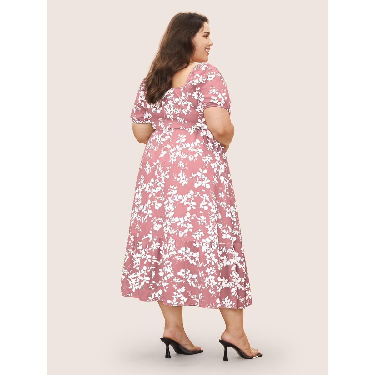 Plus Size Silhouette Floral Print Shirred Puff Sleeve Dress Rouge Women Elegant Gathered Square Neck Short sleeve Curvy Midi Dress BloomChic 30/6X Product Image