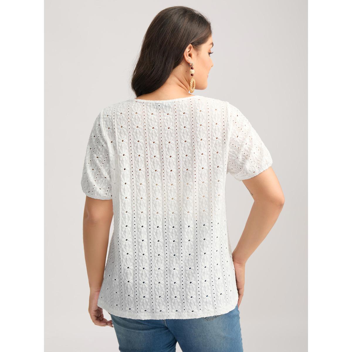 Plus Size Eyelet Trim Floral Embroidered Solid T-Shirt Opticwhite Women Woven ribbon&lace trim Square Neck Everyday-Elegant T-shirts BloomChic 14-16/1X Product Image