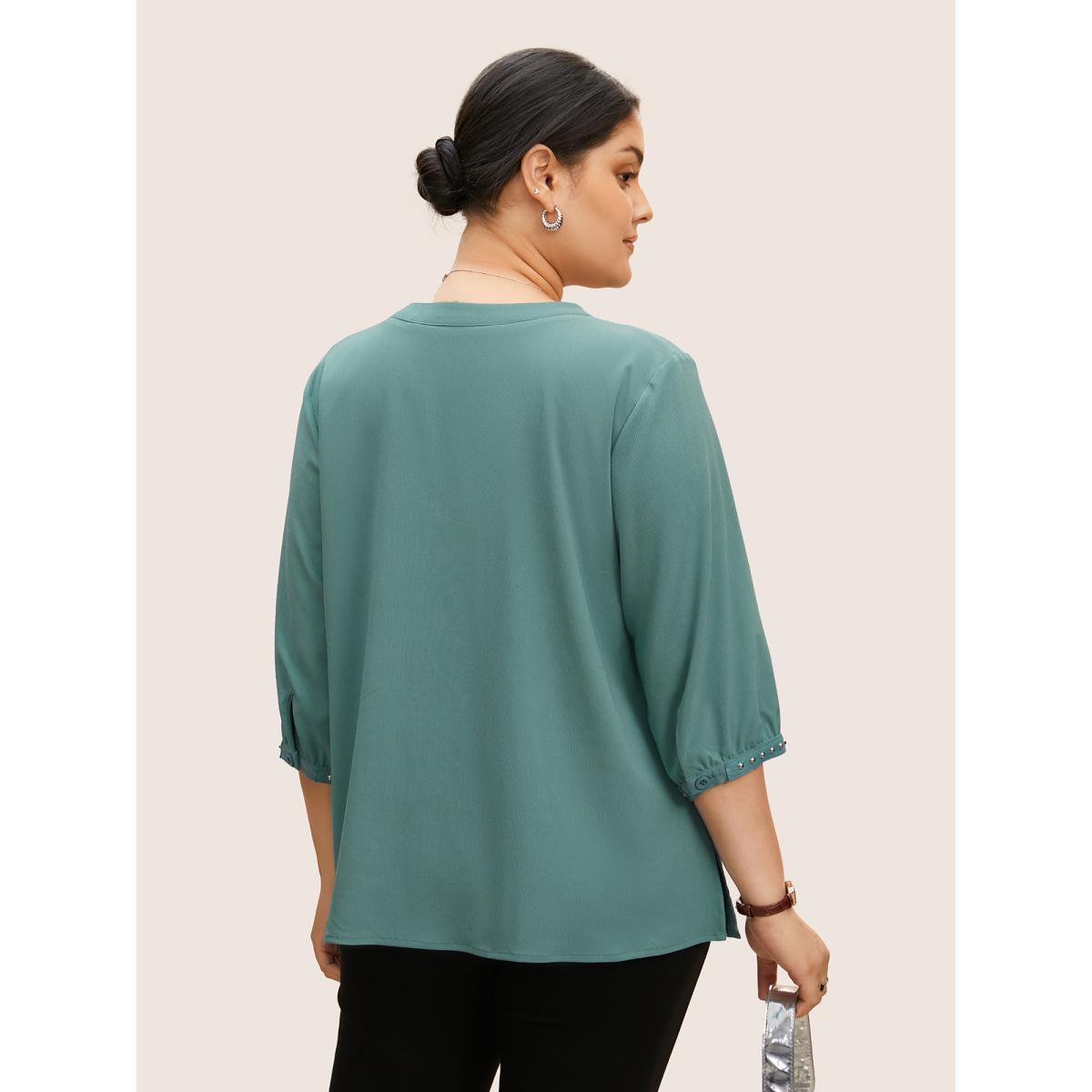 Plus Size Teal V Neck Woven Ribbon Lantern Sleeve Blouse Women Workwear Essentials Elbow-length sleeve V-neck Work Blouses BloomChic 18-20/2X Product Image