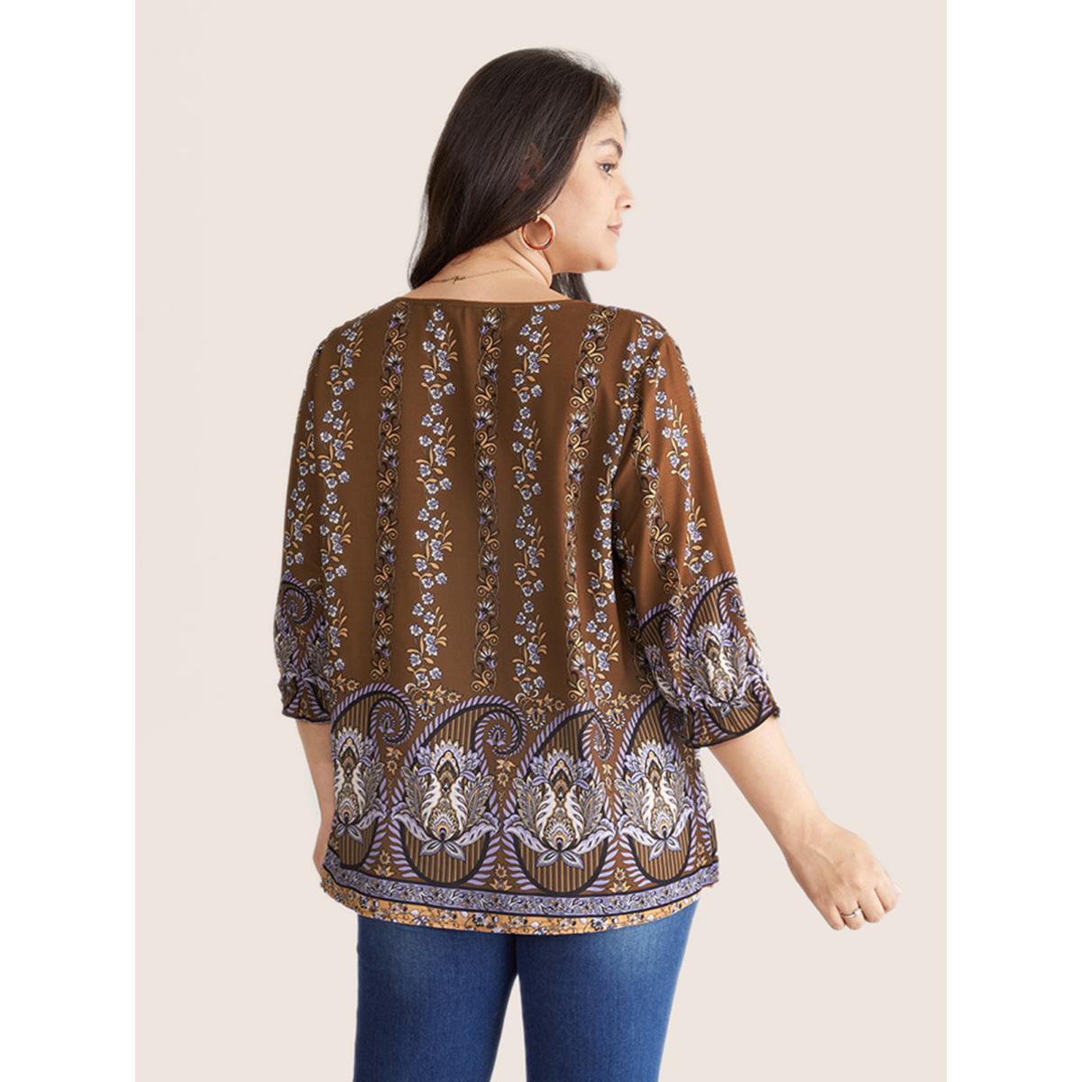 Plus Size Rust Bandana Print Tassels Ties Flutter Sleeve Blouse Women Vacation Elbow-length sleeve Tie Neck Vacation Blouses BloomChic 14-16/1X Product Image