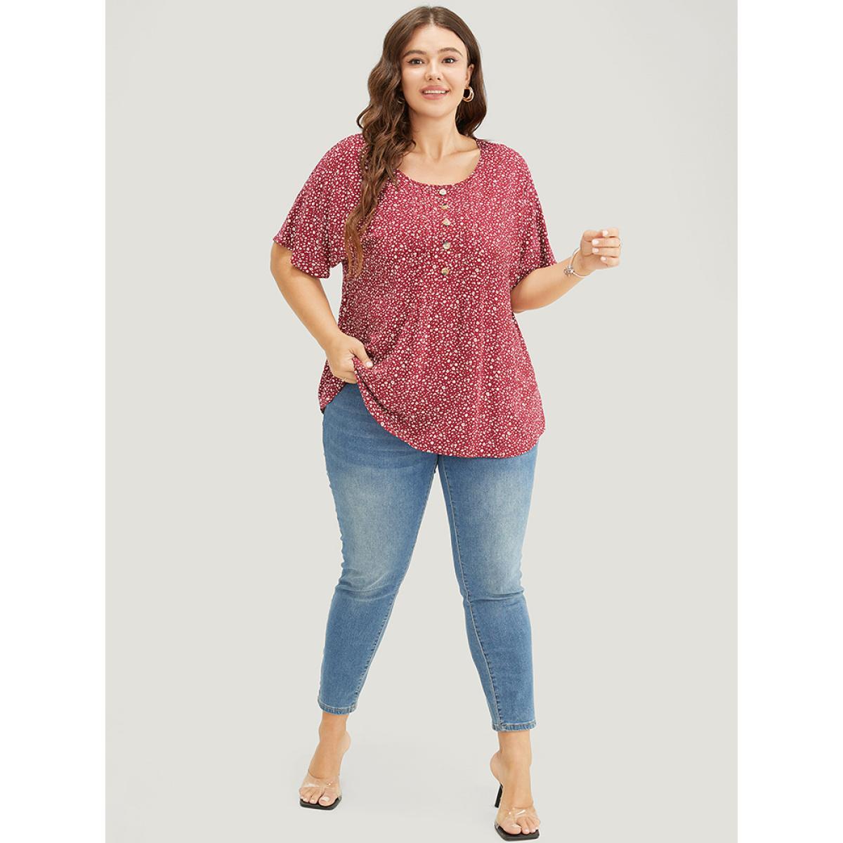 Plus Size Burgundy Ditsy Floral Pleated Front Button Detail Blouse Women Elegant Short sleeve Round Neck Dailywear Blouses BloomChic 30/6X Product Image