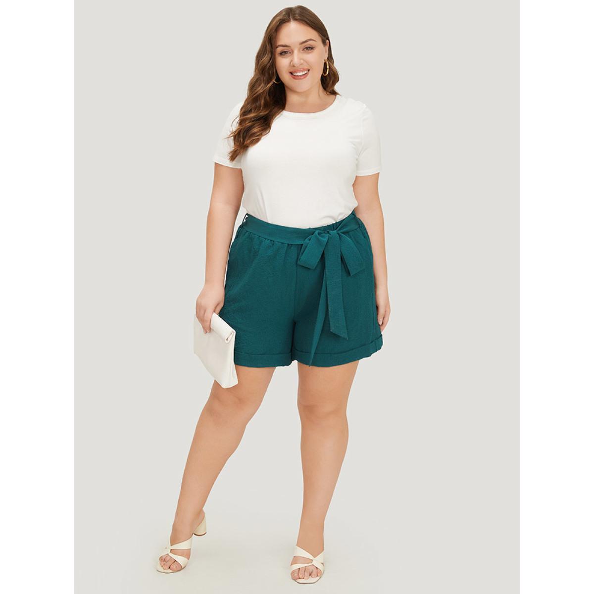 Plus Size Plain Belted Pocket Roll Hem Shorts Women DarkGreen Office Plain Work Shorts BloomChic 22-24/3X Product Image