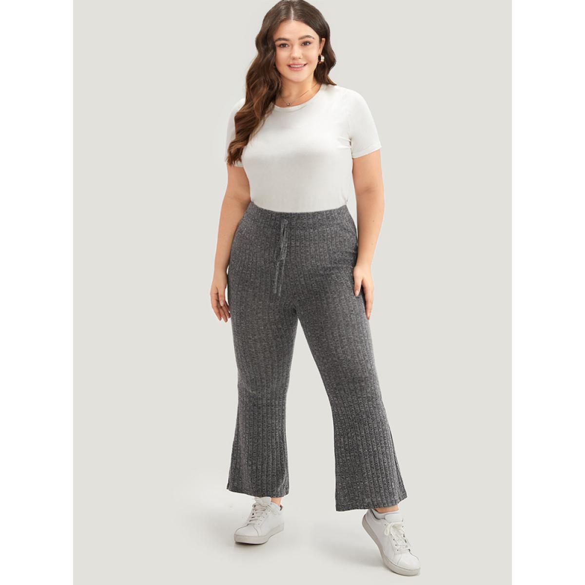 Rib Knit Bowknot Flare Leg Sweatpants Gray Plus Size Women Casual Dailywear Plain 14-16/1X Bloomchic Product Image