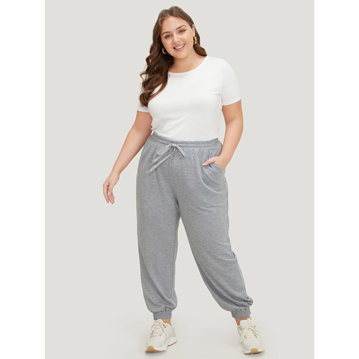 Plain Drawstring Slant Pocket Sweatpants DarkGray Plus Size Women Casual Dailywear Gathered 30/6X Bloomchic Product Image