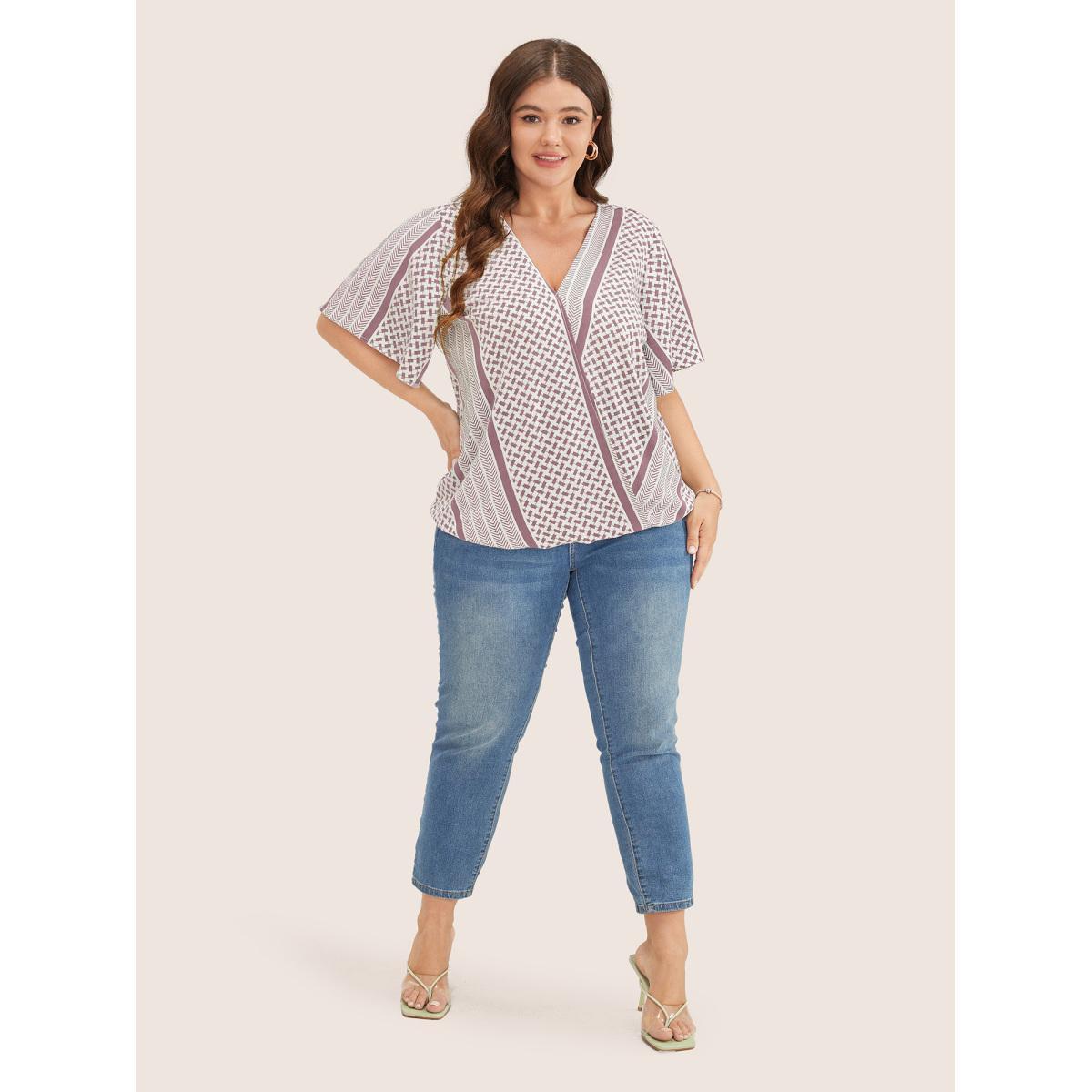 Plus Size DustyPink Geometric Contrast Ruffle Sleeve Wrap Blouse Women Resort Short sleeve Overlap Collar Vacation Blouses BloomChic 28/5X Product Image
