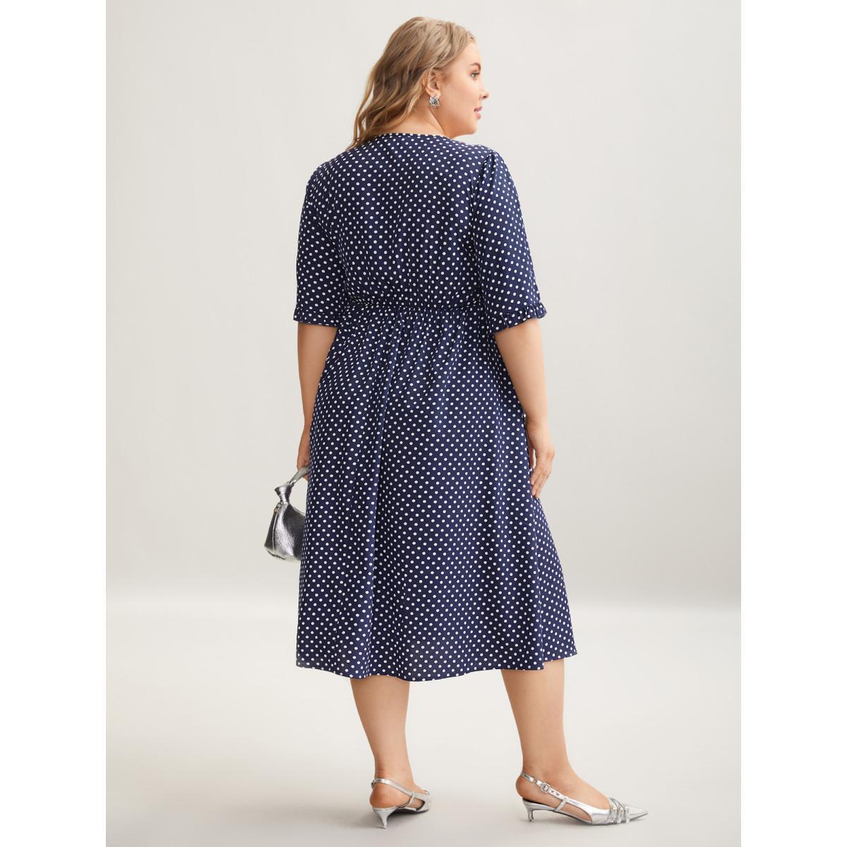 Plus Size Polka Dot Print Slit Sleeve Pockets Midi Dress Midnight Women At the Office Cut-Out Flat collar with V-notch Short sleeve Curvy BloomChic 12/L Product Image
