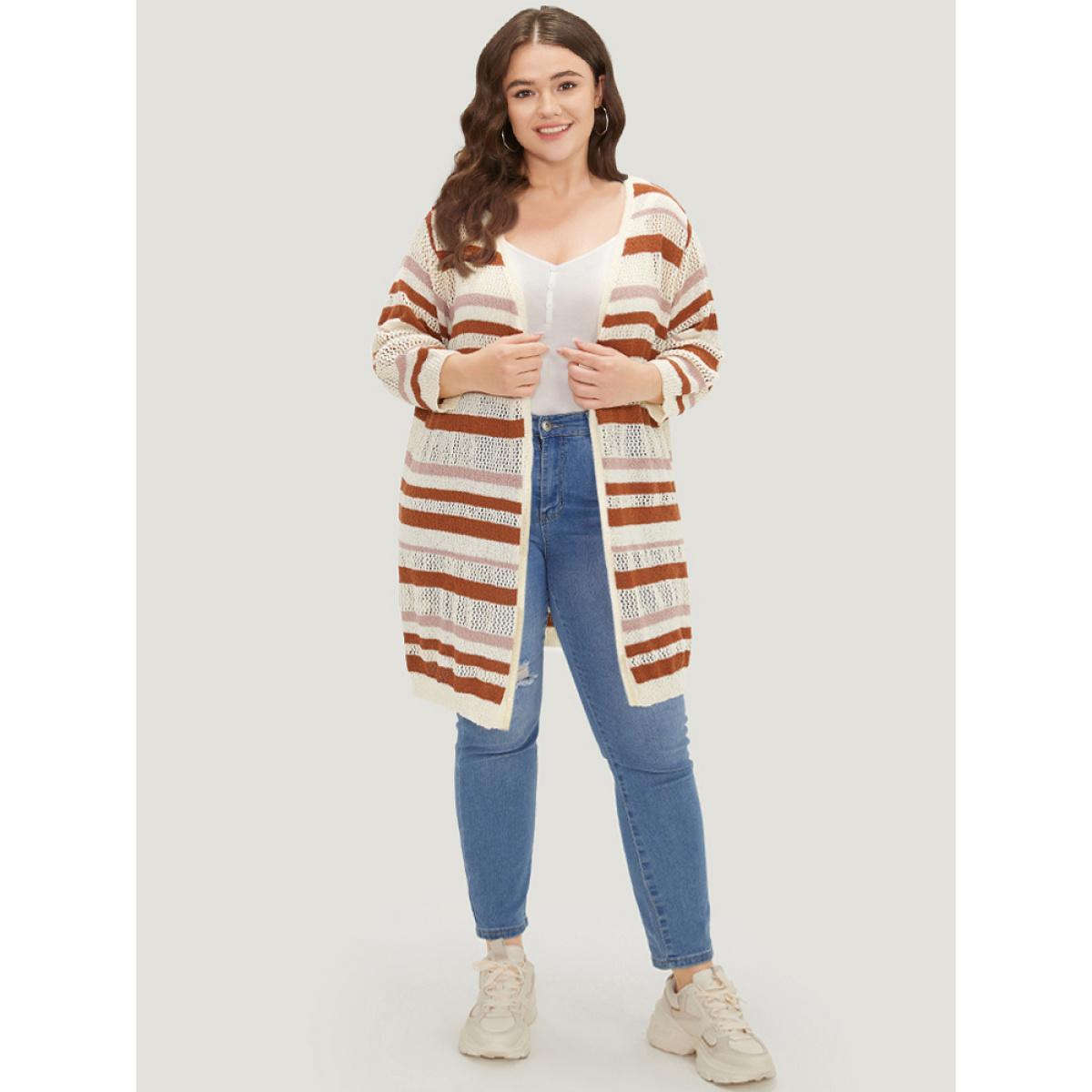 Plus Size Striped Hollow Out Open Front Split Hem Cardigan Multicolor Women Casual Loose Elbow-length sleeve Dailywear Cardigans BloomChic 12/L Product Image