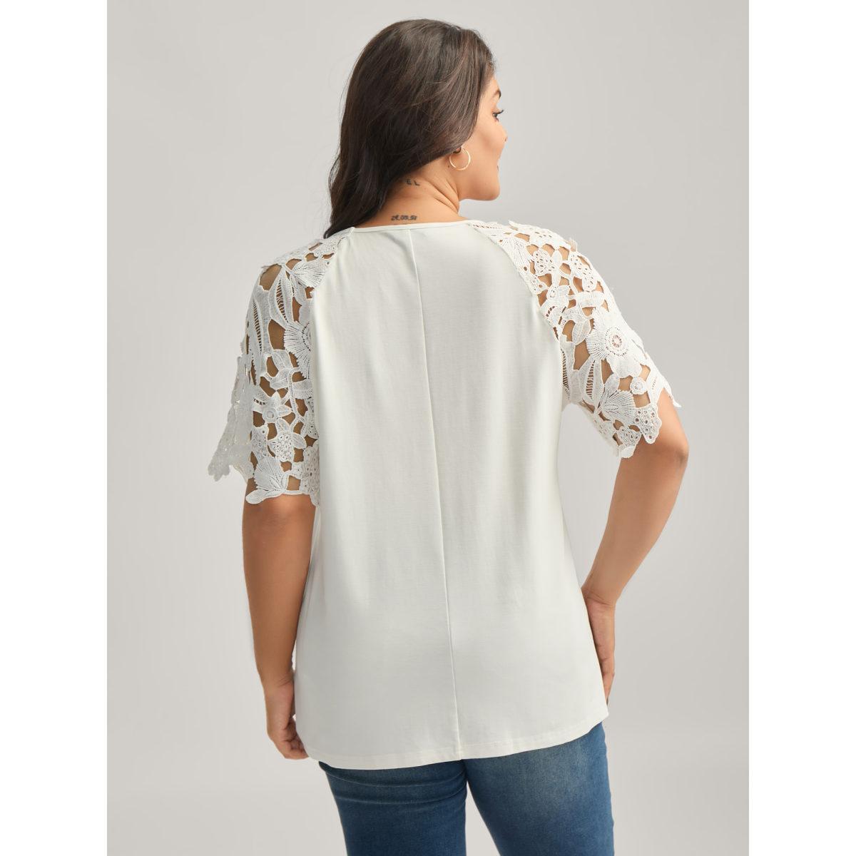 Plus Size Lace Cut-Out Sleeve Solid T-Shirt Originalwhite Women Round Neck Everyday-Casual T-shirts BloomChic 18-20/2X Product Image