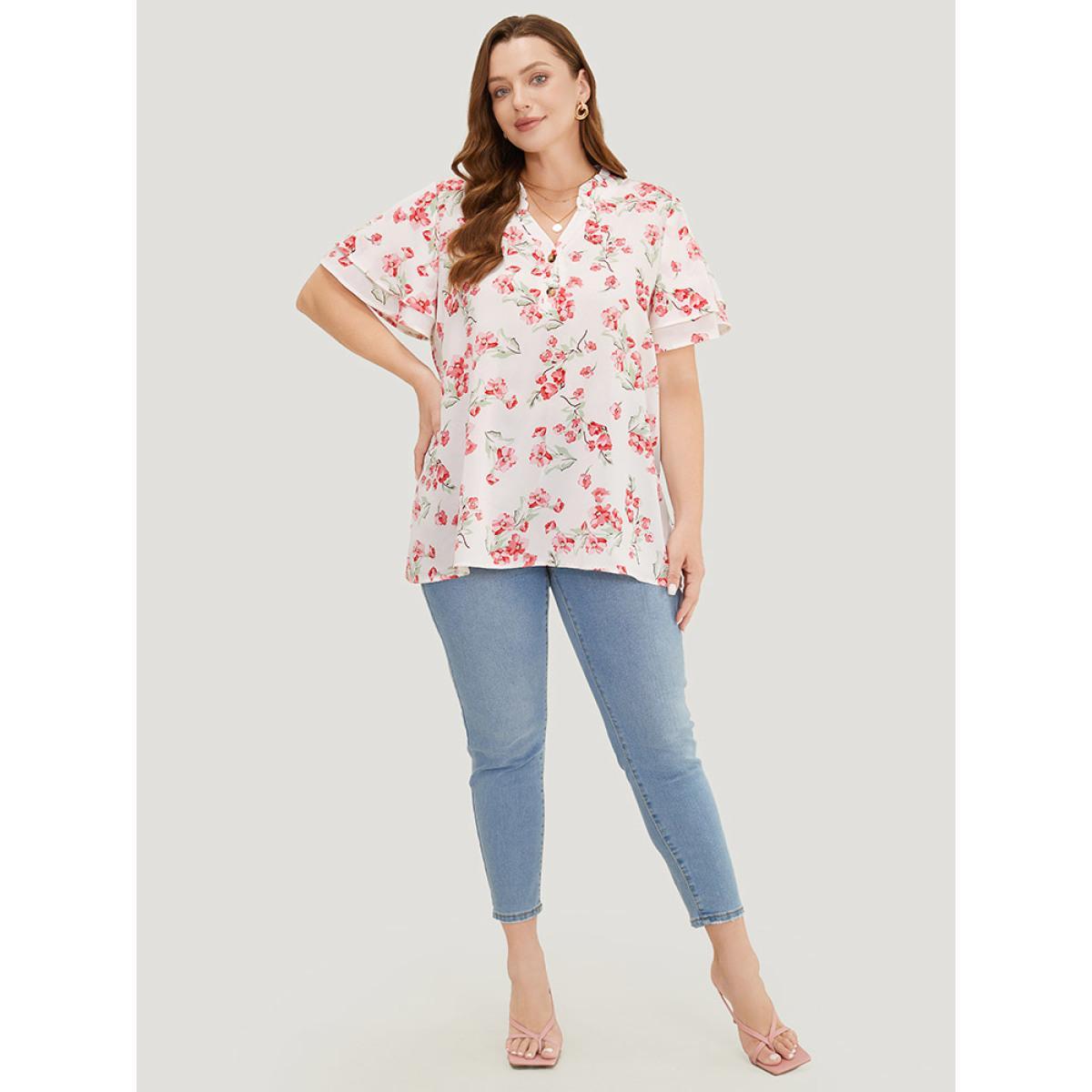Plus Size White Floral Printed Button Up Flutter Layered Sleeve Blouse Women Elegant Short sleeve Notched collar Dailywear Blouses BloomChic 12/L Product Image