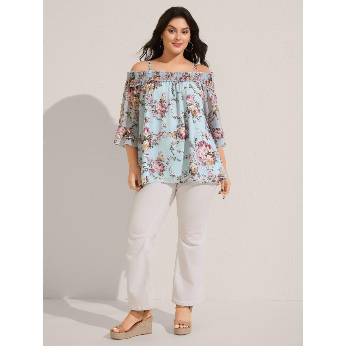 Plus Size LightBlue Shirred Off-Shoulder Chiffon Floral Blouse Women Elbow-length sleeve One-shoulder neck Vacation Blouses BloomChic 14-16/1X Product Image