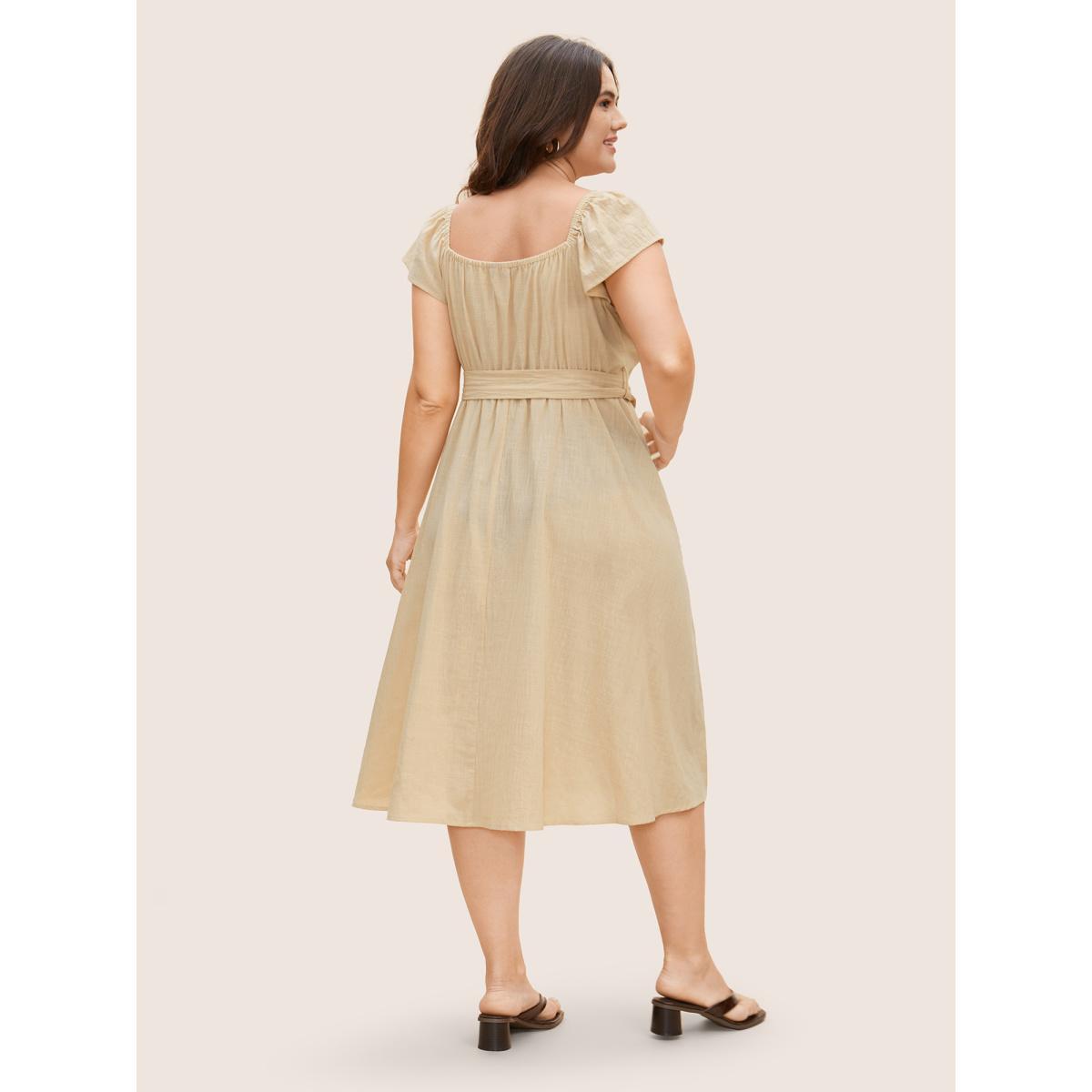 Plus Size Cotton Solid Buckle Detail Ruffle Cap Sleeve Dress Beige Women Casual Belted Square Neck Cap Sleeve Curvy BloomChic 30/6X Product Image