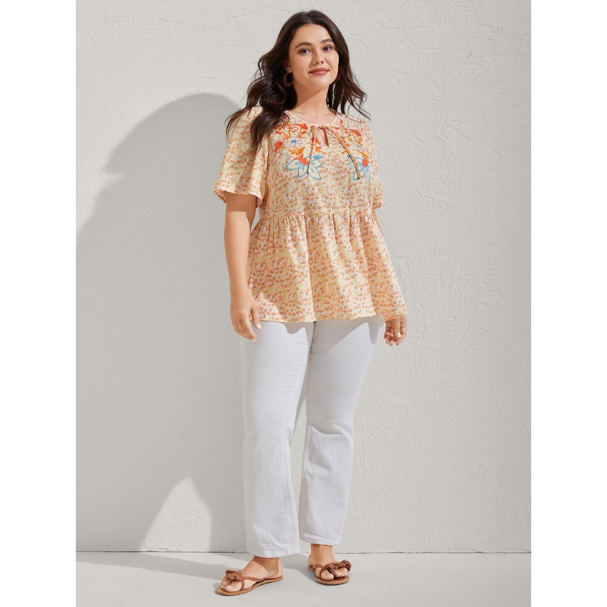 Plus Size Lightyellow Floral Embroidery Neck Tie Blouse Women Half Sleeve V-neck Vacation Blouses BloomChic 10/M Product Image