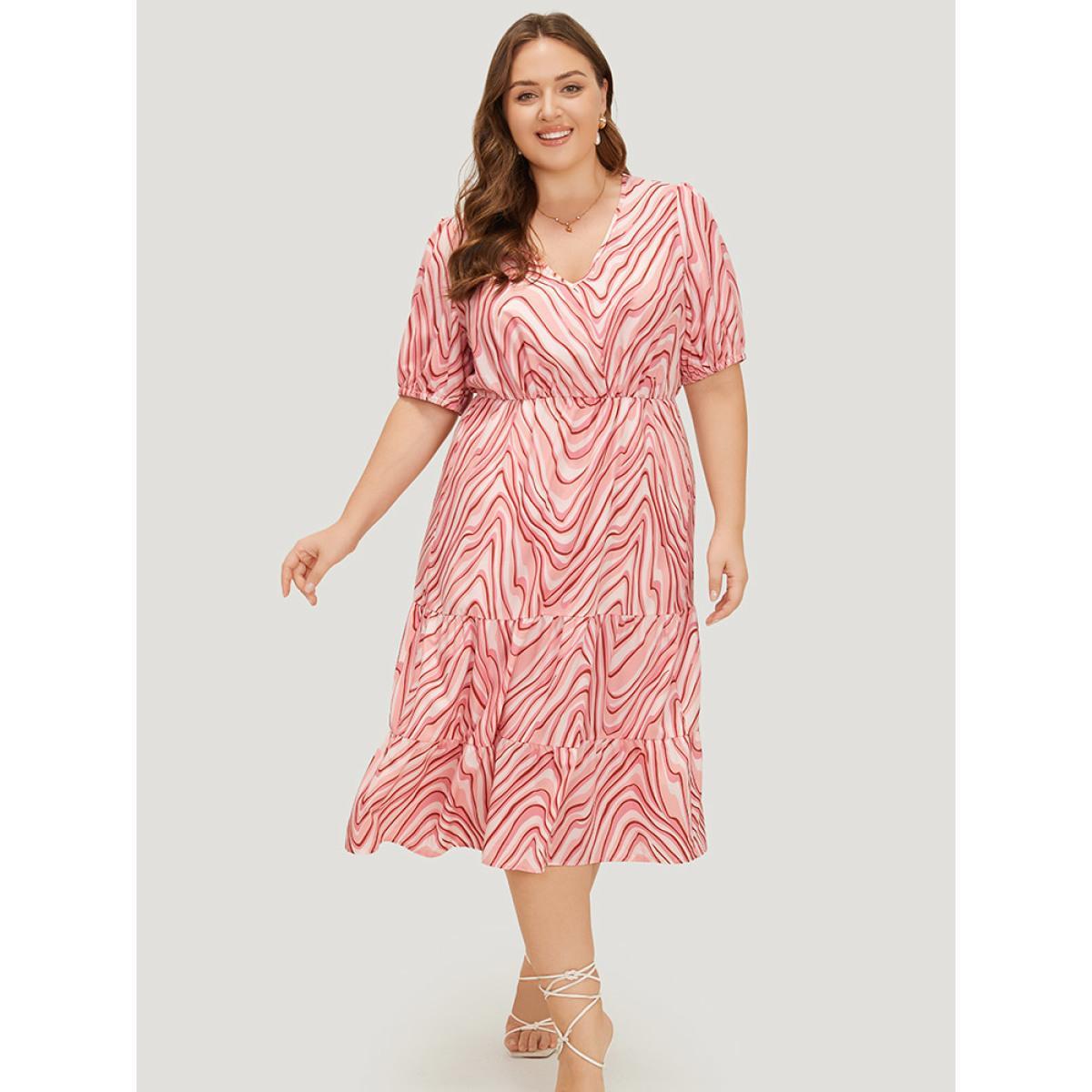 Plus Size Zebra Print Puff Sleeve Pocket Layered Hem Dress Crepe Women Elegant Tiered V-neck Short sleeve Curvy Midi Dress BloomChic 26/4X Product Image
