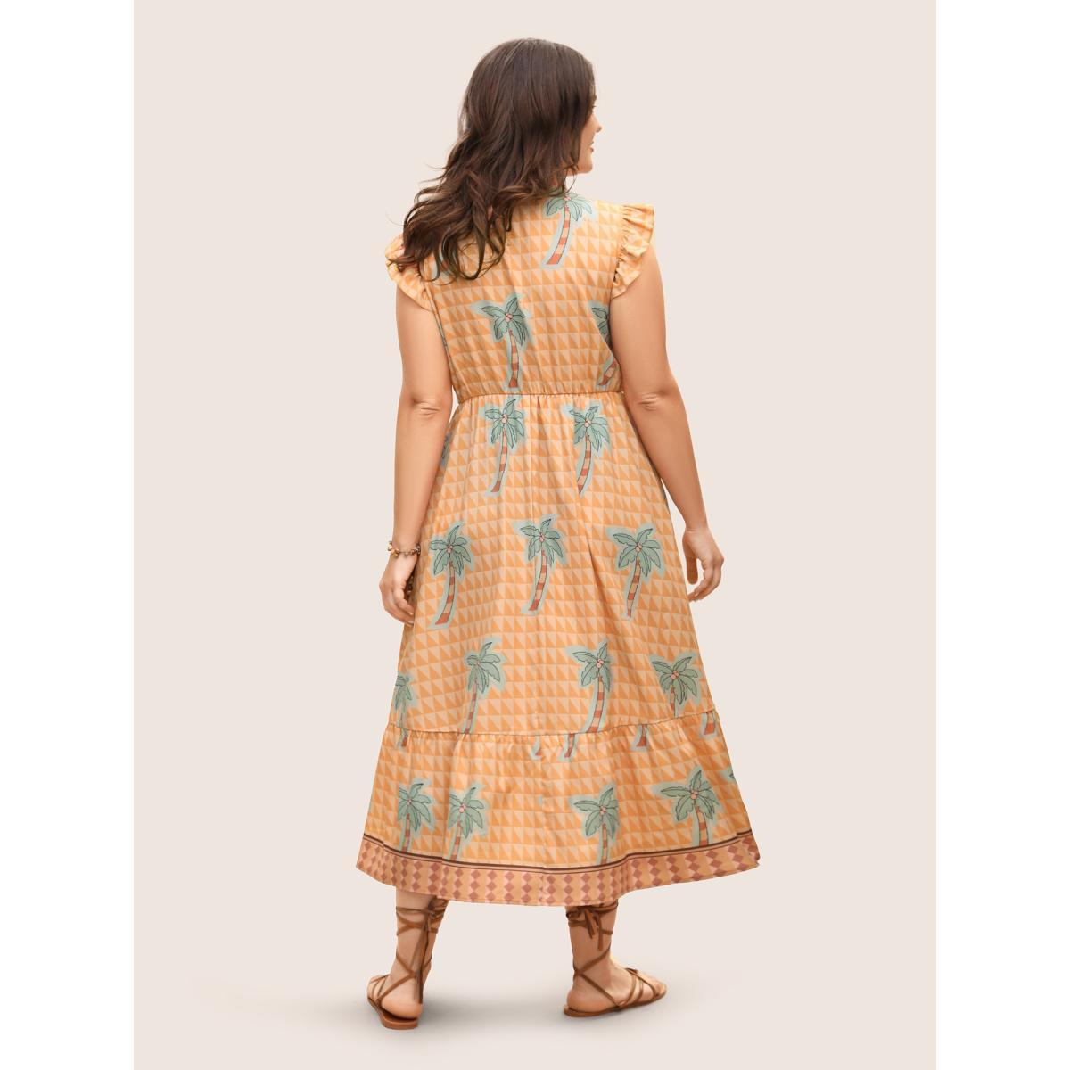 Plus Size Tropical Print Tie Knot Ruffle Cap Sleeve Dress Lightorange Women Resort Tie knot Round Neck Cap Sleeve Curvy BloomChic 30/6X Product Image