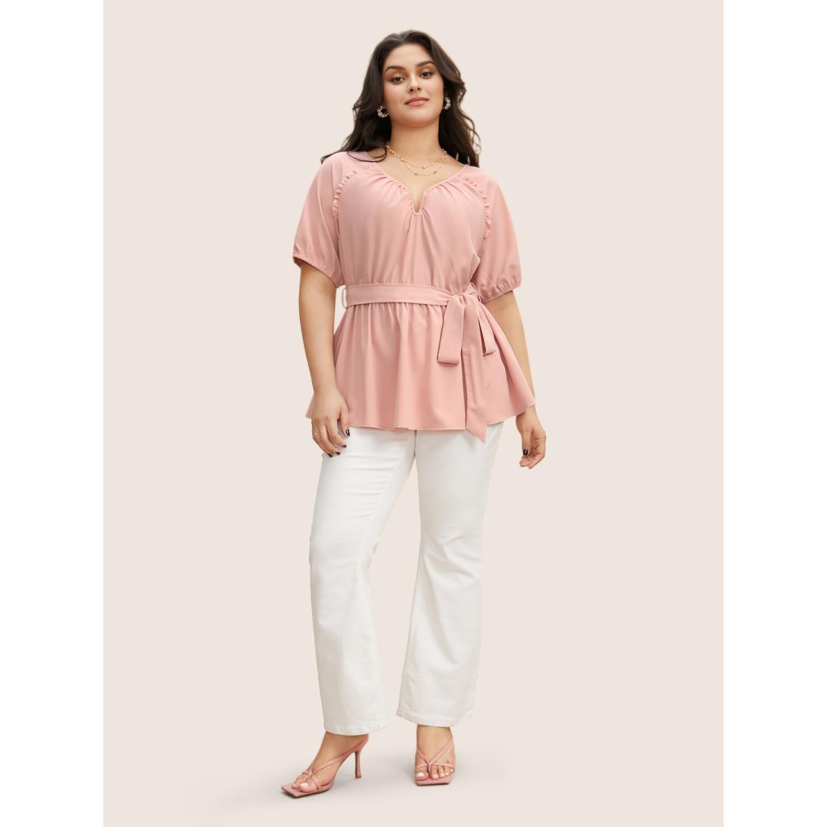 Plus Size Dirtypink Solid Frill Trim Lantern Sleeve Belted Blouse Women Elegant Short sleeve Notched collar Everyday Blouses BloomChic 12/L Product Image