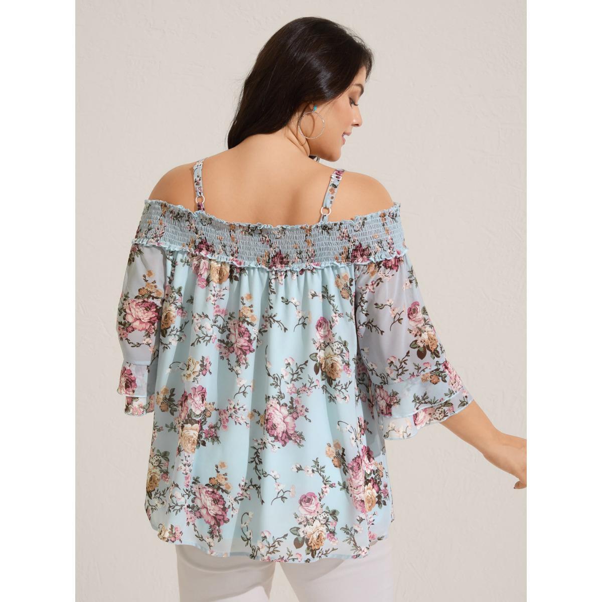 Plus Size LightBlue Shirred Off-Shoulder Chiffon Floral Blouse Women Elbow-length sleeve One-shoulder neck Vacation Blouses BloomChic 14-16/1X Product Image