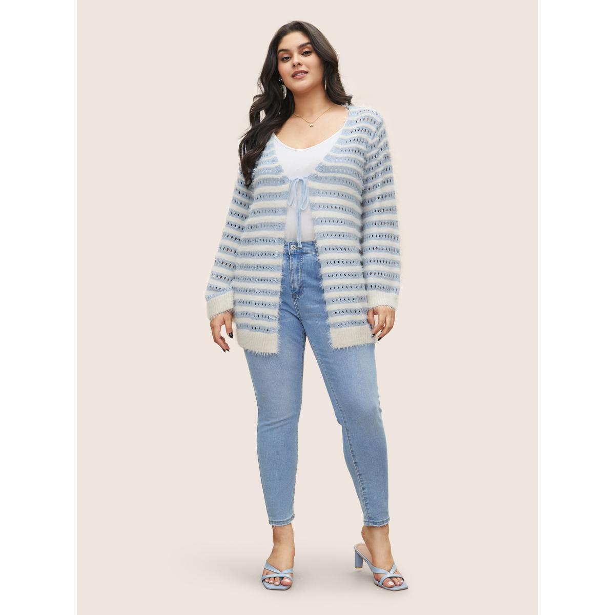 Plus Size Striped Contrast Ties Front Eyelet Cardigan LightBlue Women Casual Long Sleeve Everyday Cardigans BloomChic 22-24/3X Product Image