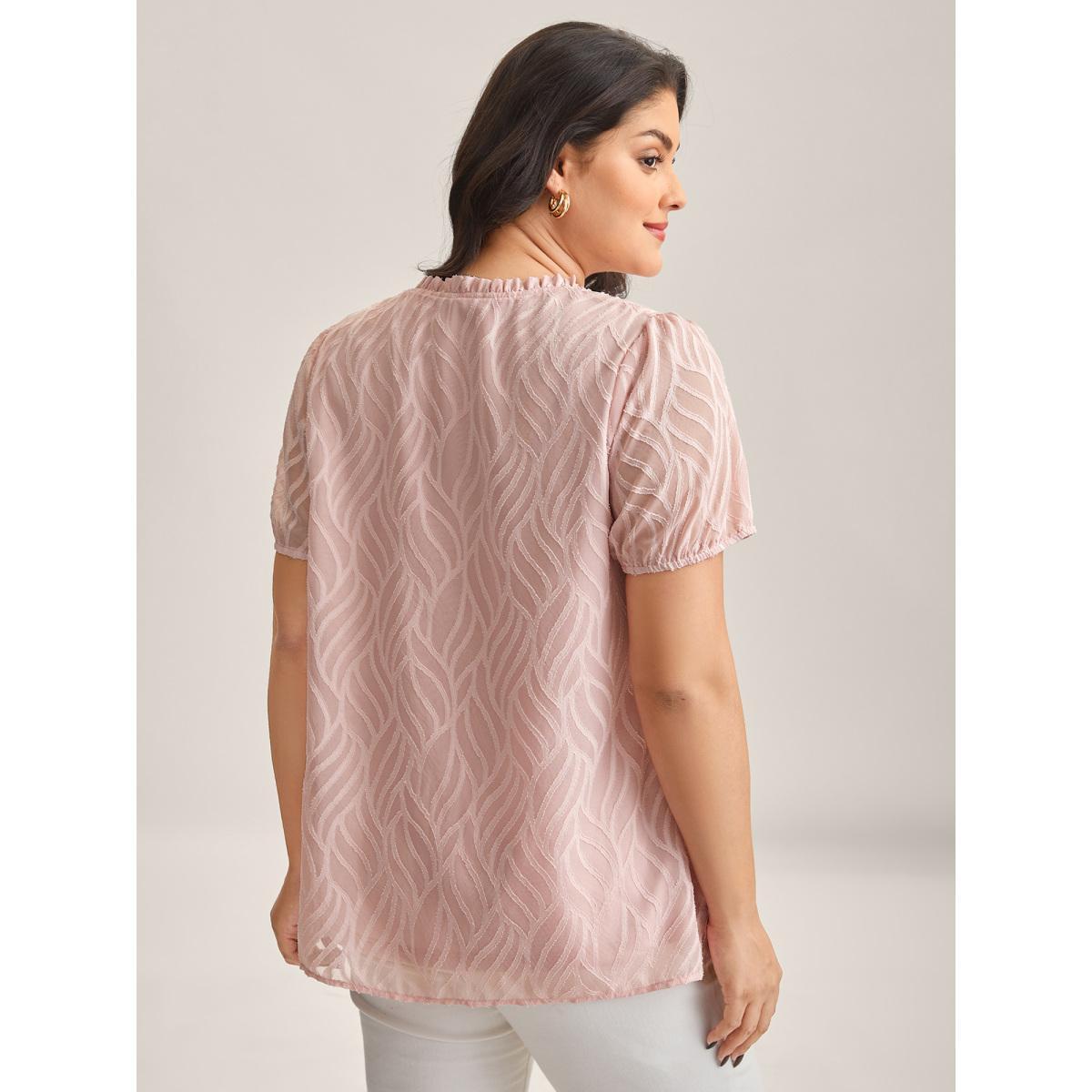 Plus Size Crepe Textured Ruffled Neck A-Line Blouse Women Short sleeve Round Neck Work Blouses BloomChic 12/L Product Image