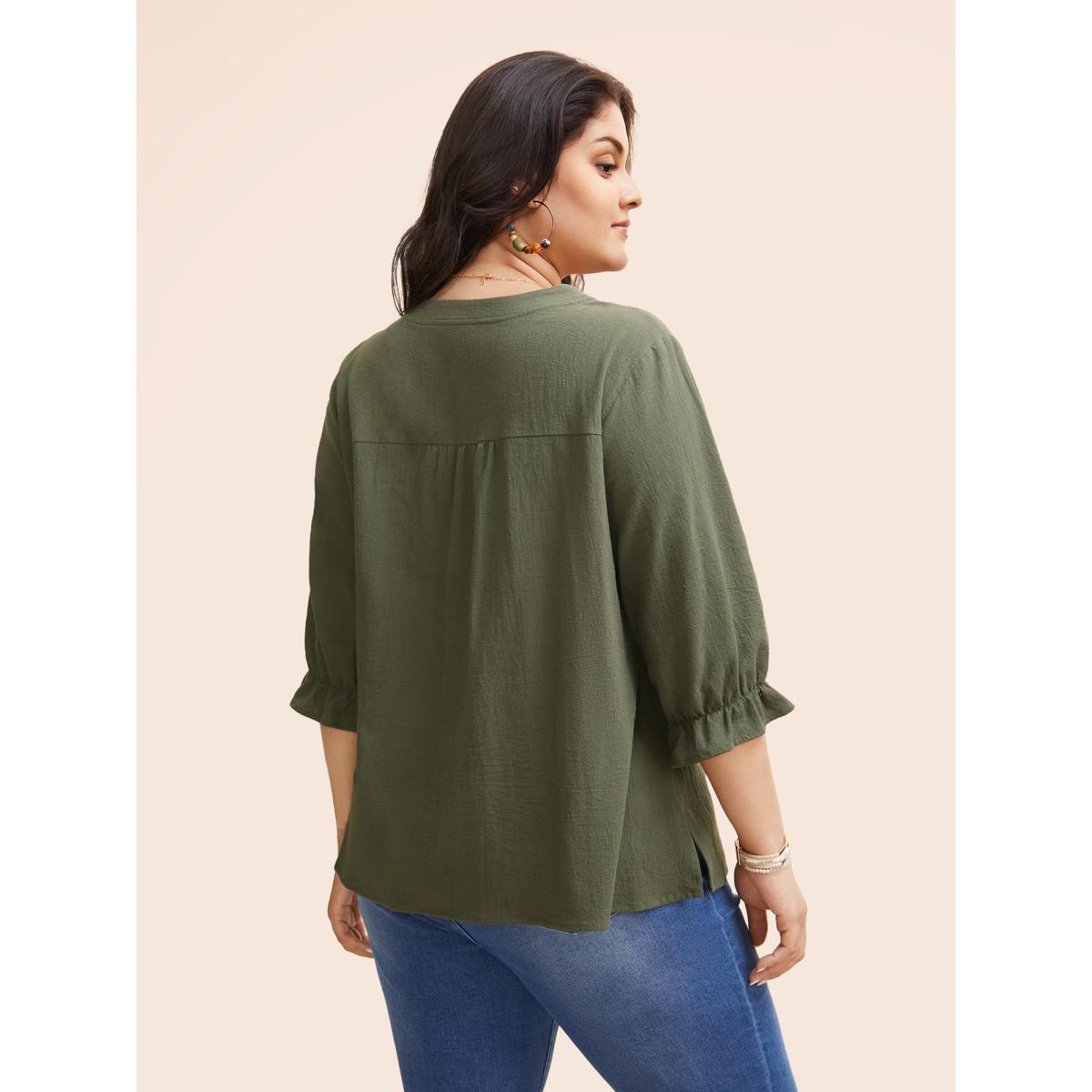Plus Size ArmyGreen Broderie Anglaise Tie Knot Lantern Sleeve Blouse Women Resort Elbow-length sleeve Notched collar Vacation Blouses BloomChic 18-20/2X Product Image