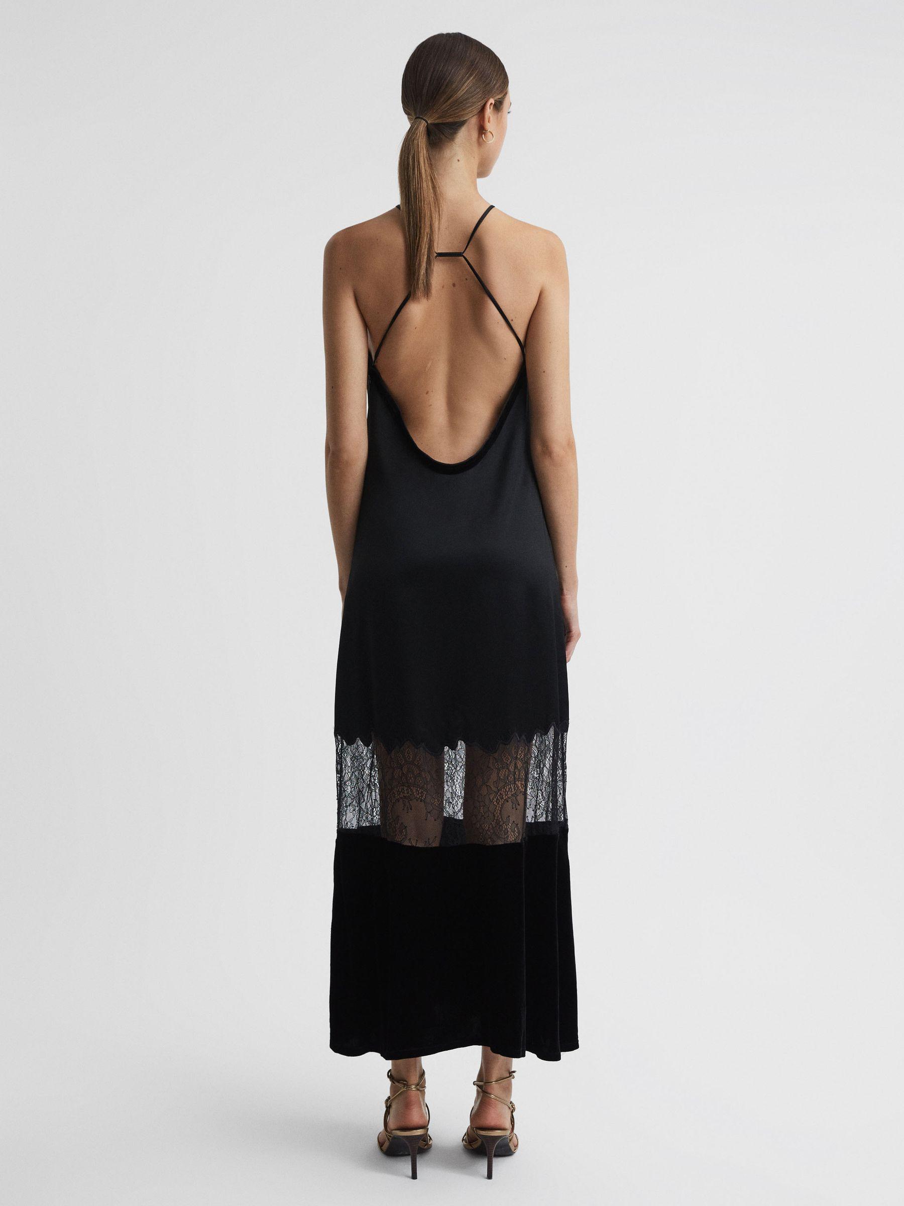 Fitted Satin-Velvet Midi Dress in Black Product Image