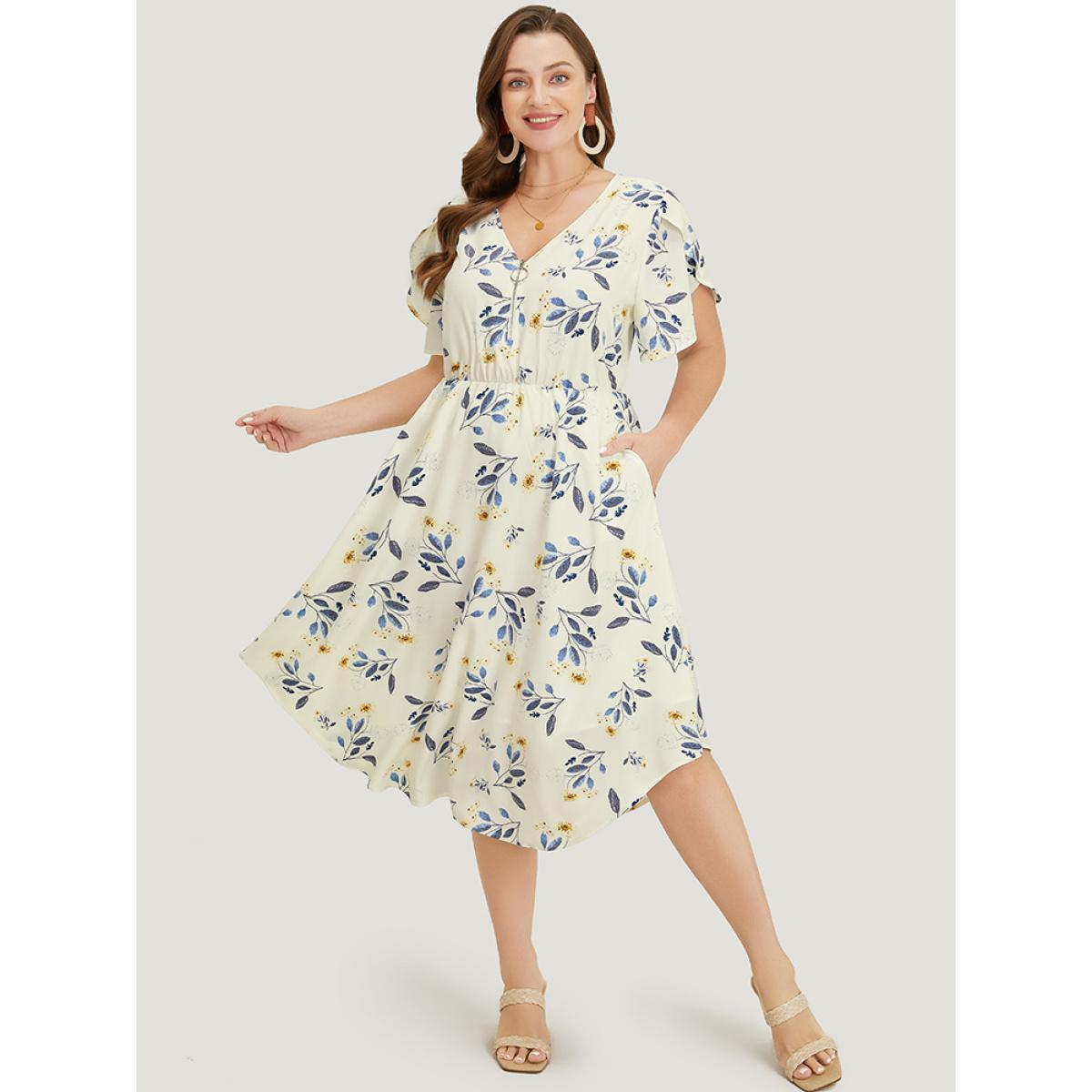 Plus Size Floral Arc Hem Pocket Split Petal Sleeve Zip Up Dress Ivory Women Office Lined V-neck Short sleeve Curvy Midi Dress BloomChic 28/5X Product Image