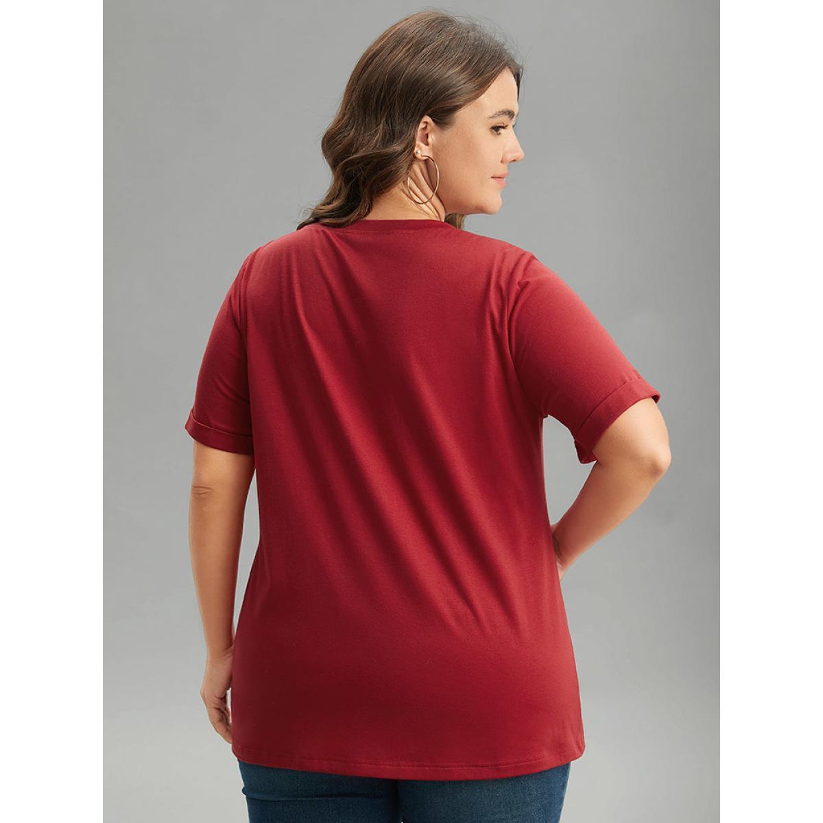Plus Size Christmas Print Round Neck Roll Sleeve T-shirt Raspberry Women Casual Printed Christmas Festival-Christmas T-shirts BloomChic 30/6X Product Image