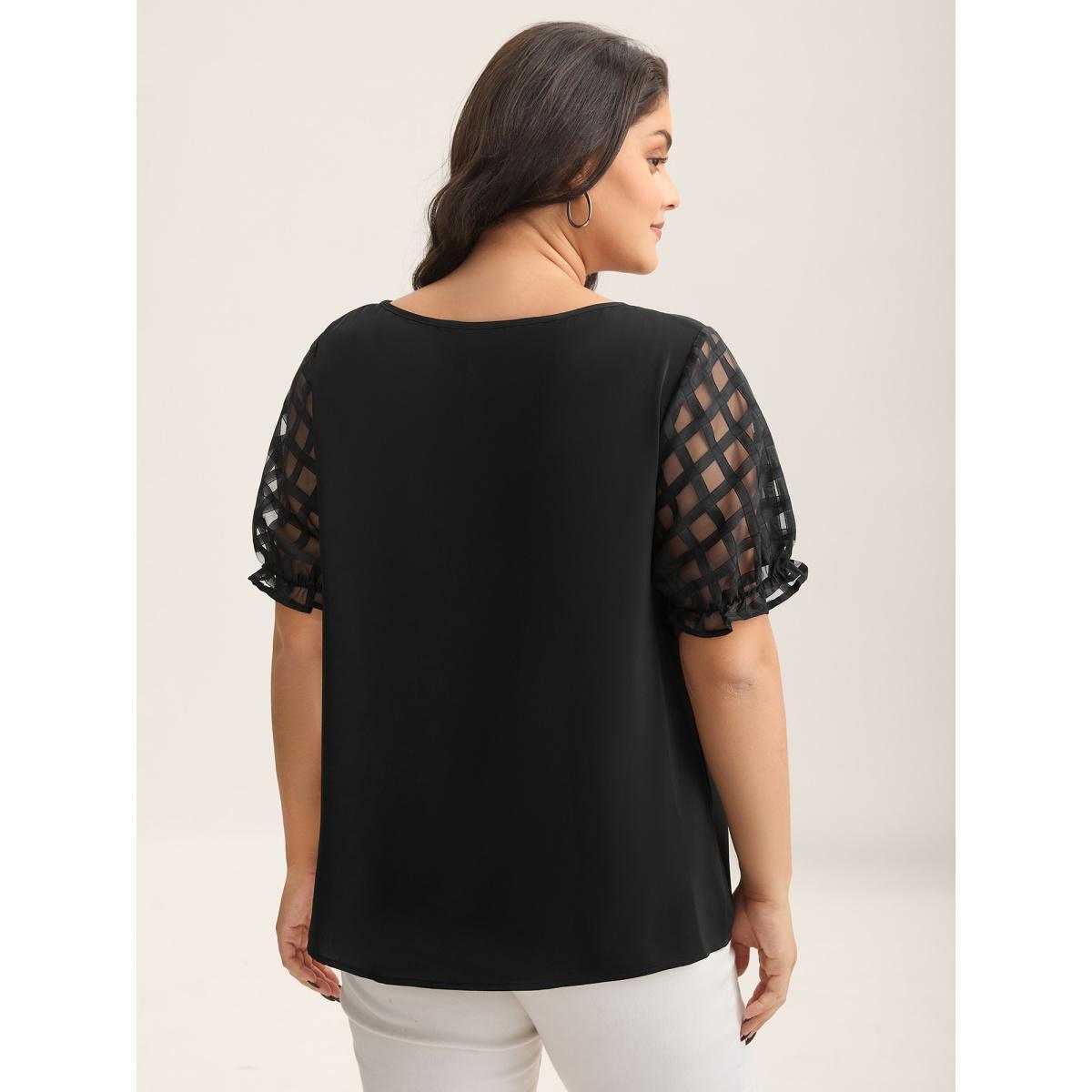 Plus Size Black Sheer Grid Neck Keyhole Blouse Women Short sleeve Round Neck Work Blouses BloomChic 12/L Product Image