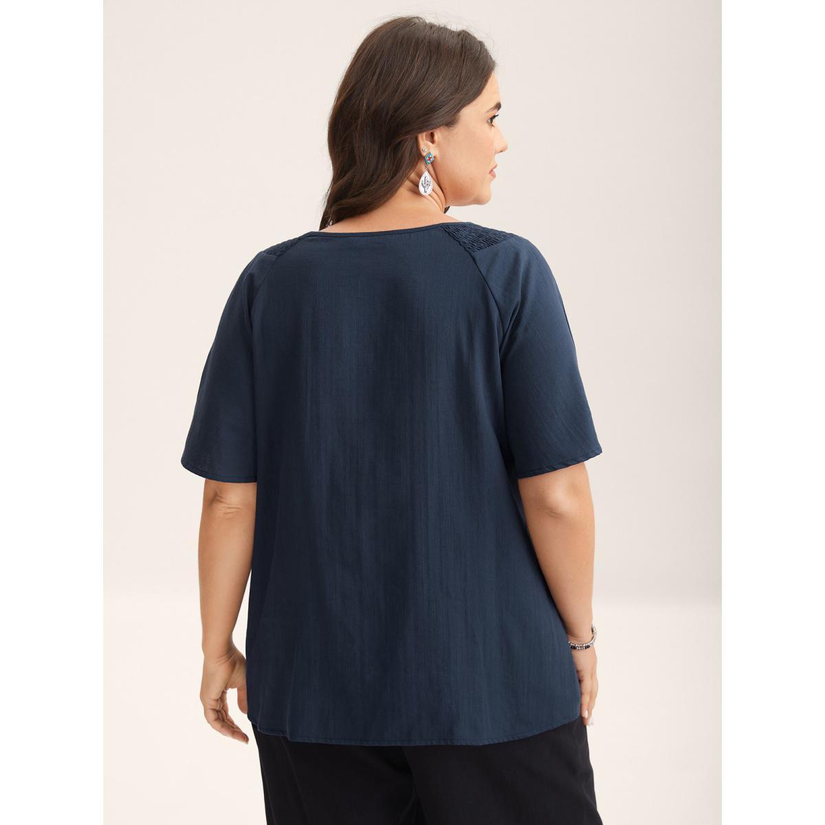 Plus Size Indigo Cotton Boho Embroidered Neck Shirred Shoulder Blouse Women Half Sleeve Notched collar Vacation Blouses BloomChic 18-20/2X Product Image