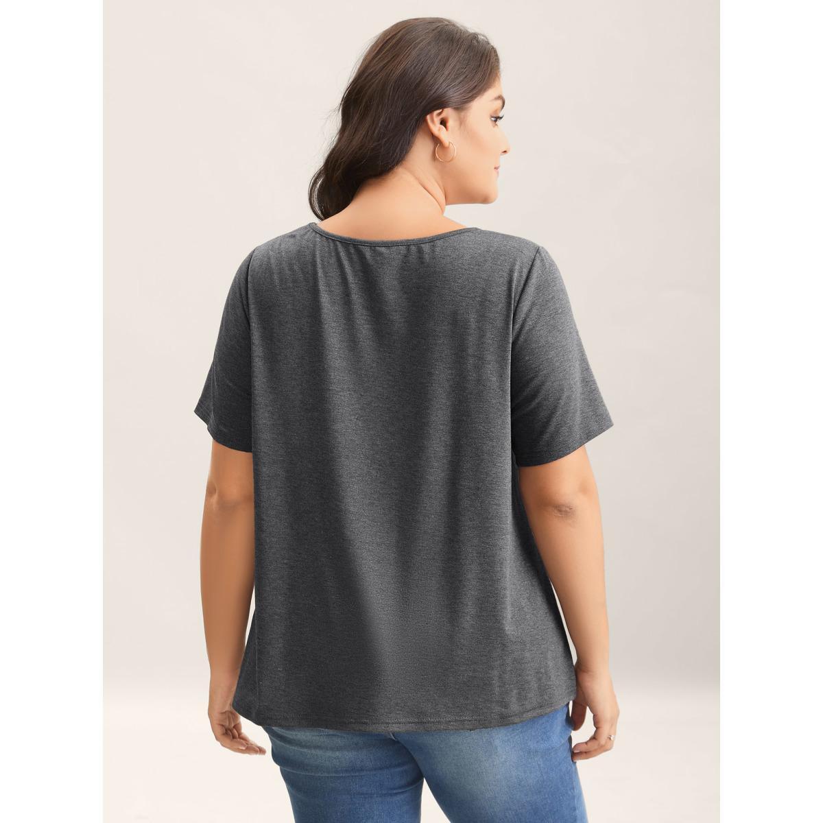 Plus Size Supersoft Cinched Neck Plain T-Shirt DimGray Women Twist Asymmetrical Neck Everyday-Casual T-shirts BloomChic 26/4X Product Image