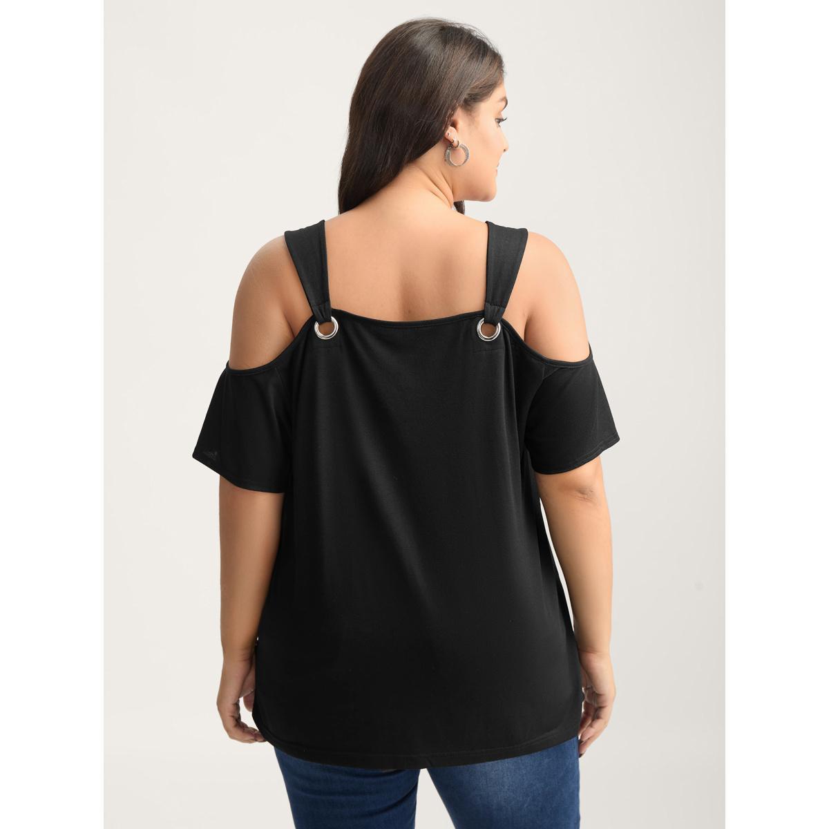 Plus Size Off-Shoulder Loop Detail T-Shirt Black Women Non Heart neckline Everyday-Elegant T-shirts BloomChic 28/5X Product Image