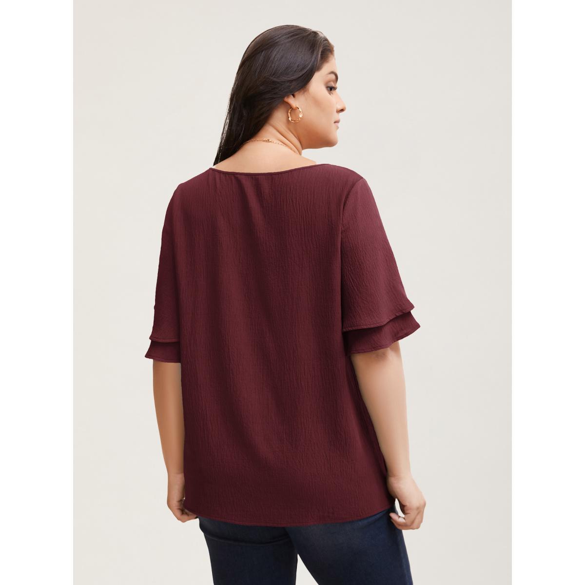 Plus Size Burgundy Solid Tiered Ruffles Split Hem Blouse Women Elegant Half Sleeve Boat Neck Everyday Blouses BloomChic 10/M Product Image
