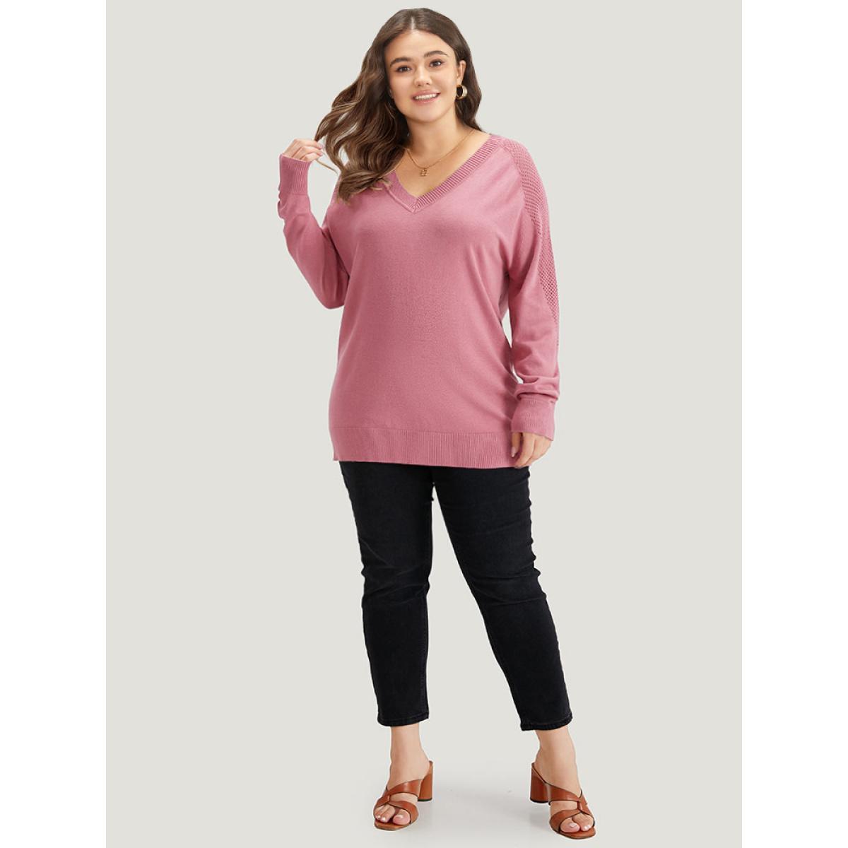 Plus Size Supersoft Essentials Solid Cut Out Patchwork Pullover DustyPink Women Casual Loose Long Sleeve V-neck Dailywear Pullovers BloomChic 14-16/1X Product Image