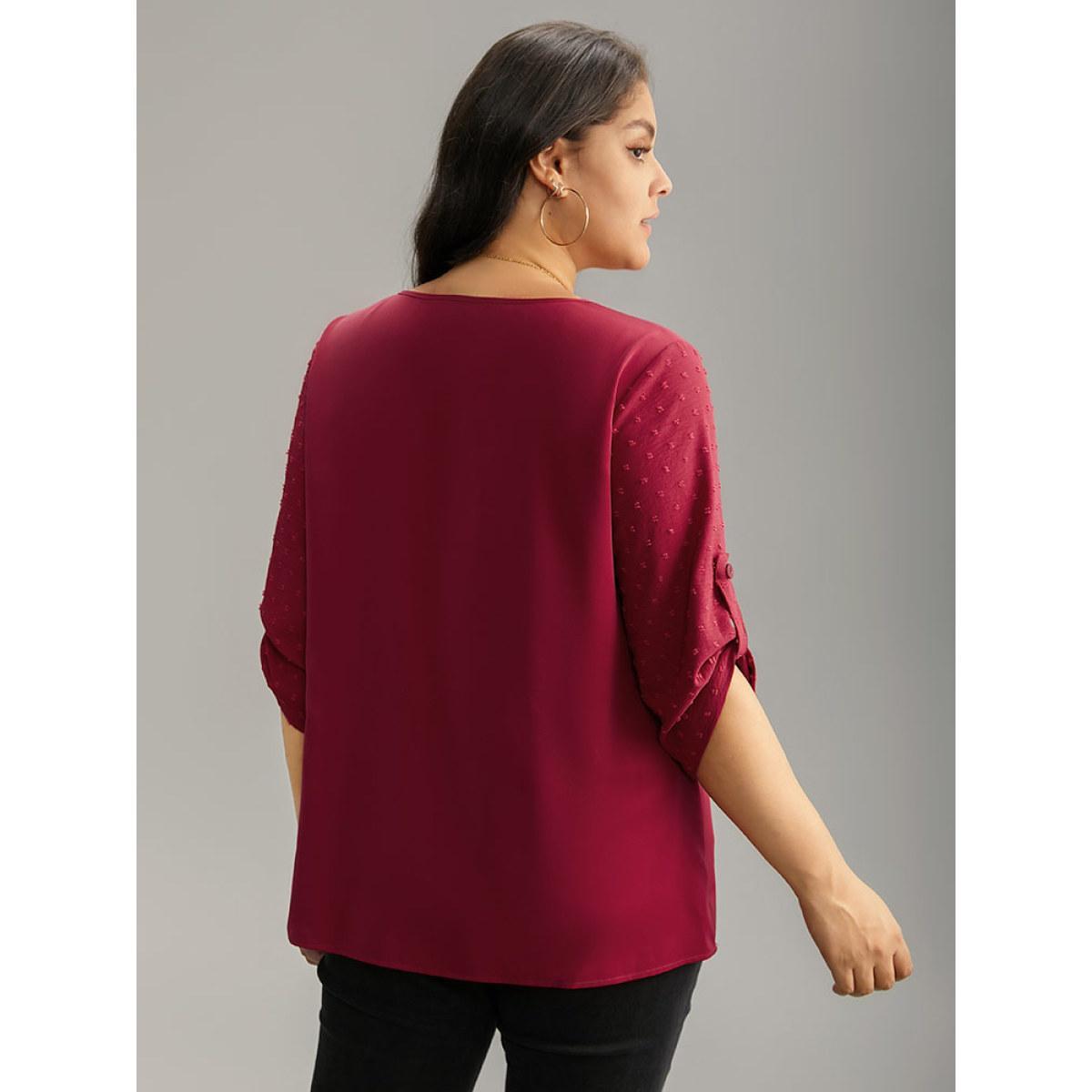 Plus Size Scarlet Plain V Neck Tab Sleeve Scalloped Trim Blouse Women Office Elbow-length sleeve V-neck Work Blouses BloomChic 28/5X Product Image