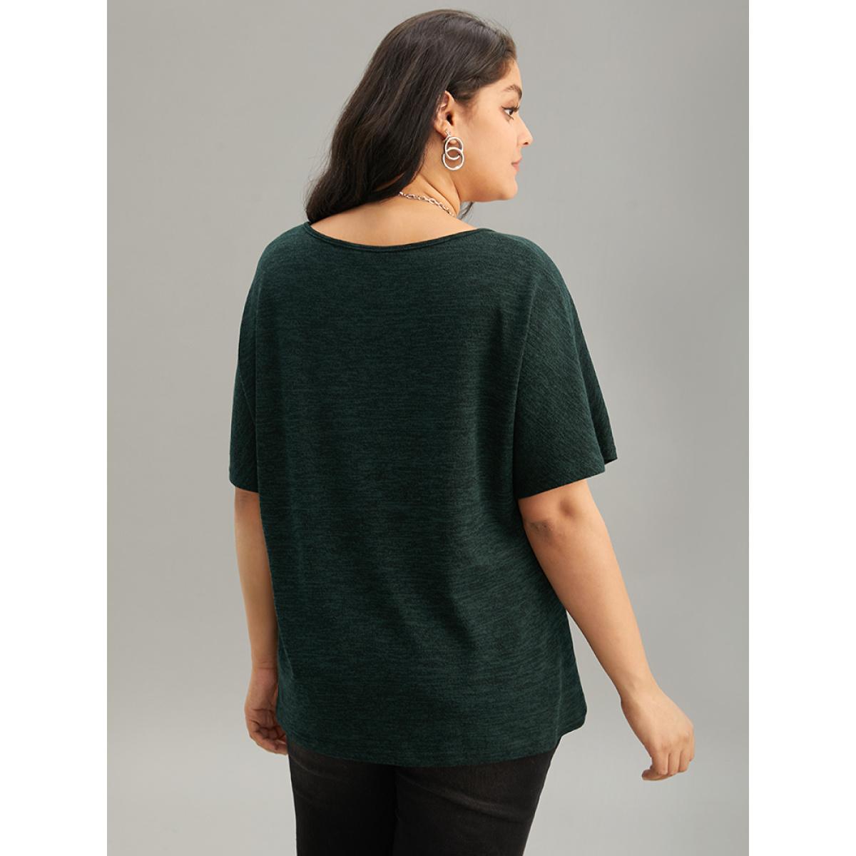 Plus Size Solid Heather V Neck Dolman Sleeve T-shirt DarkGreen Women Casual Plain Plain V-neck Everyday T-shirts BloomChic 30/6X Product Image