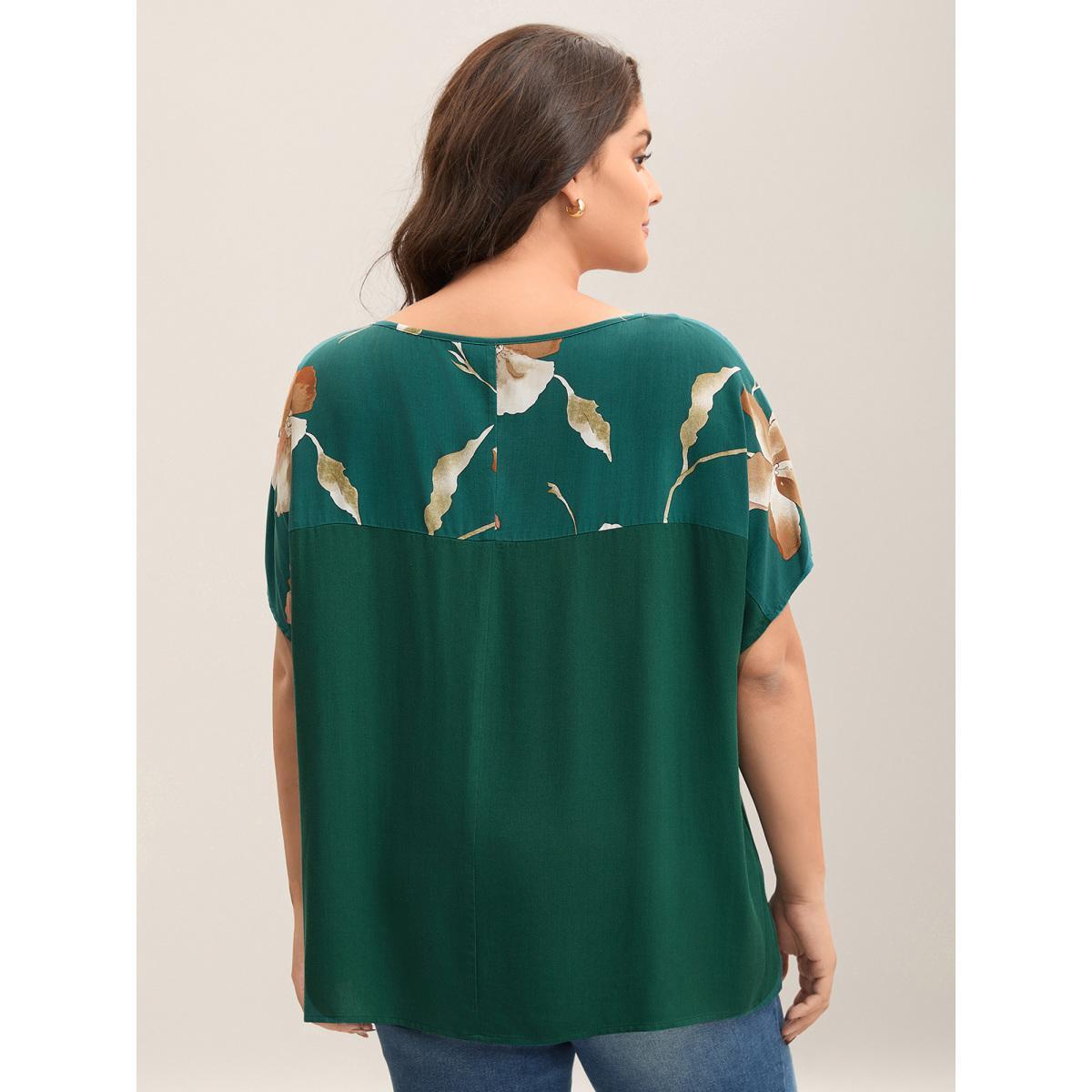 Plus Size Cyan Tropical Floral Print Spliced Blouse Women Elegant Short sleeve Boat Neck Work Blouses BloomChic 12/L Product Image