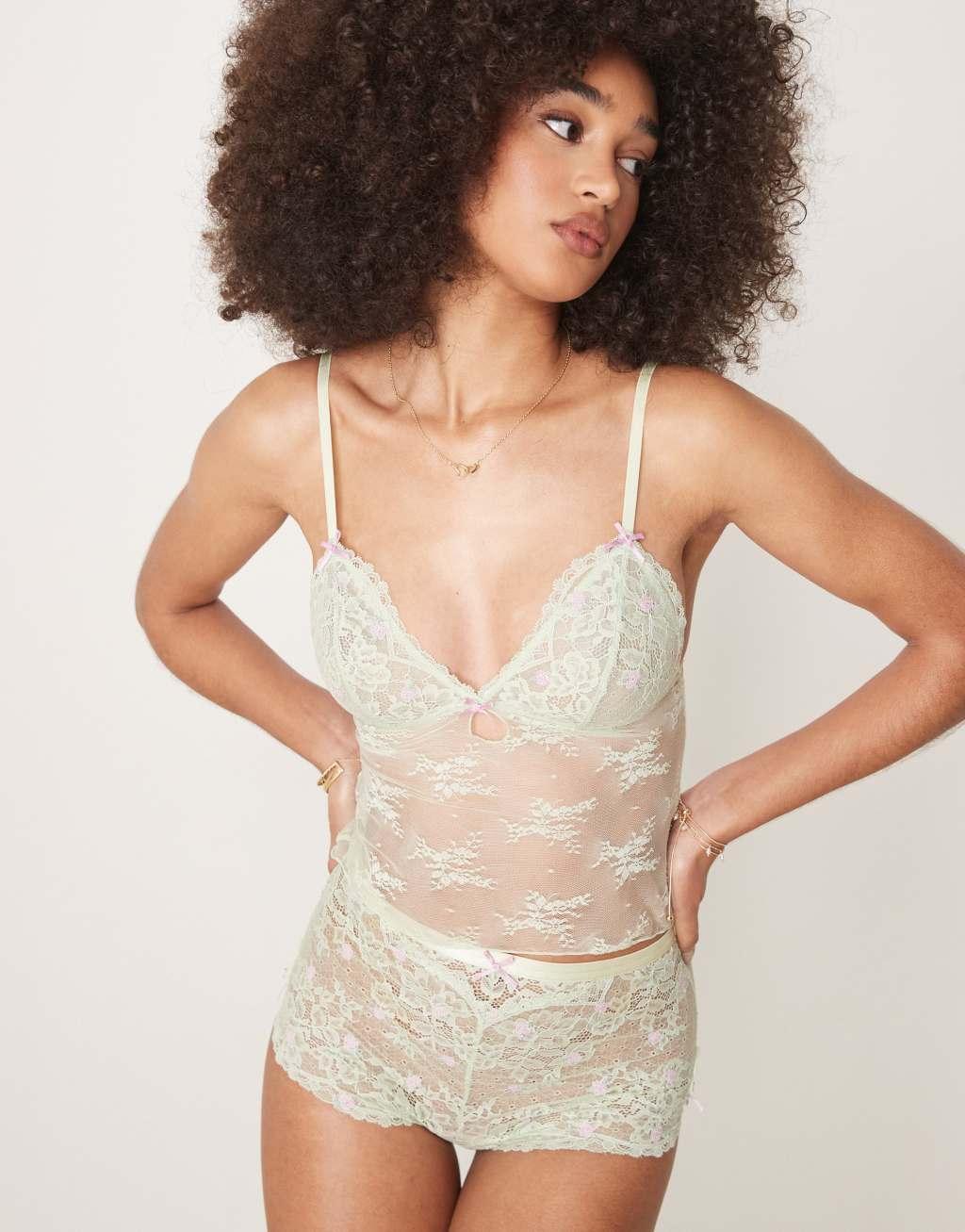 ASOS DESIGN Thea lace rosebud embroidery cami and boxer set in sage green Product Image